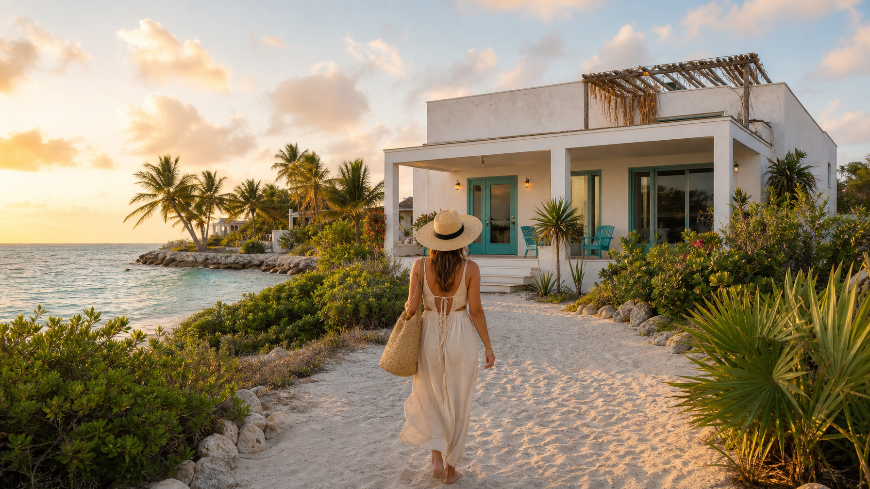 Beach house exterior along Yucatan coastline soft light