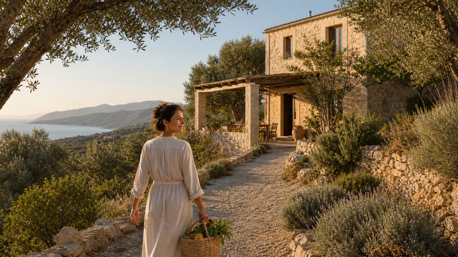 Female host walking toward a stone villa among olive trees on a Crete hillside