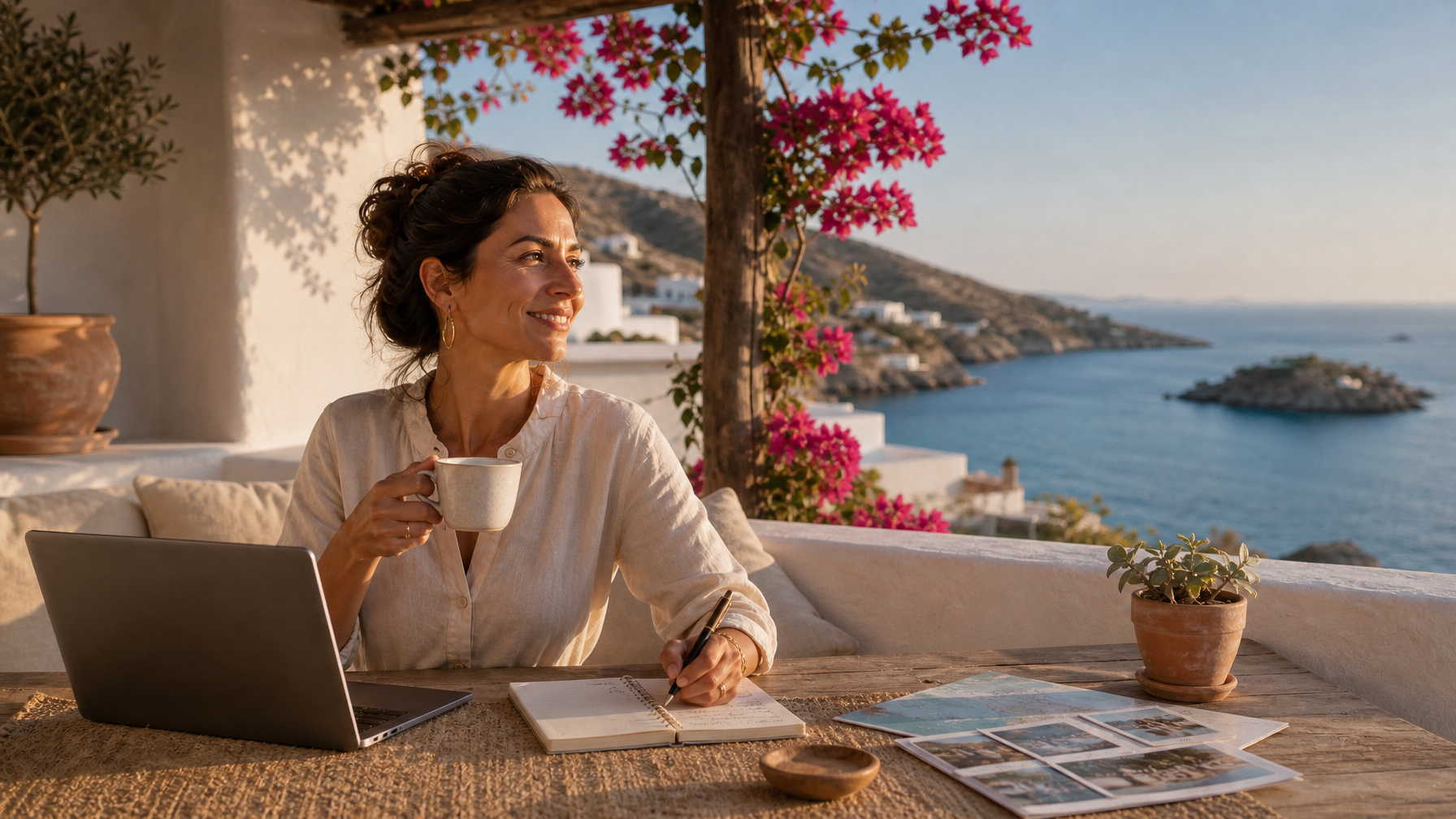 Female vacation rental host planning guest arrivals on a shaded Cycladic balcony with laptop