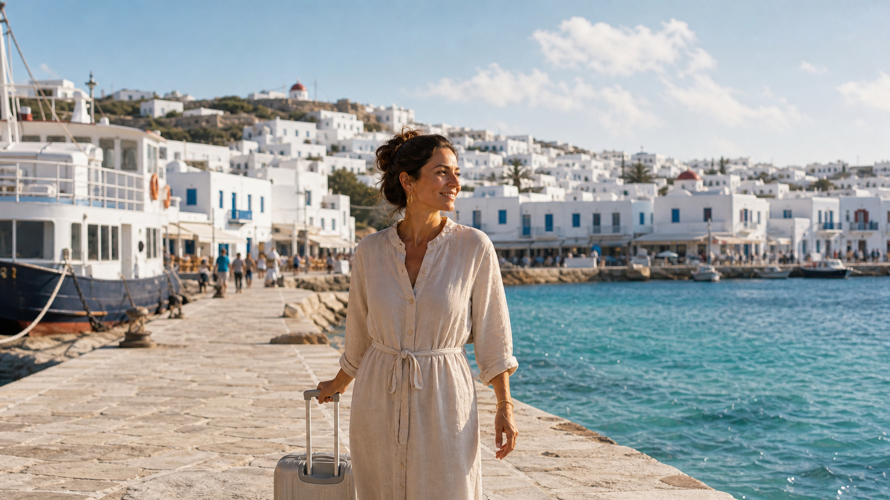 Female traveler with suitcase arriving at a sunny Greek island ferry port