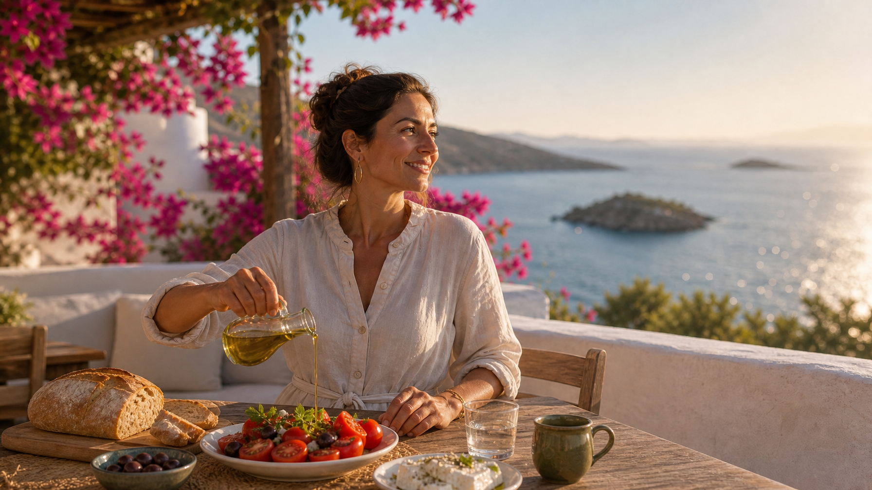 Female host pouring olive oil over a Greek breakfast on an outdoor sea-view table