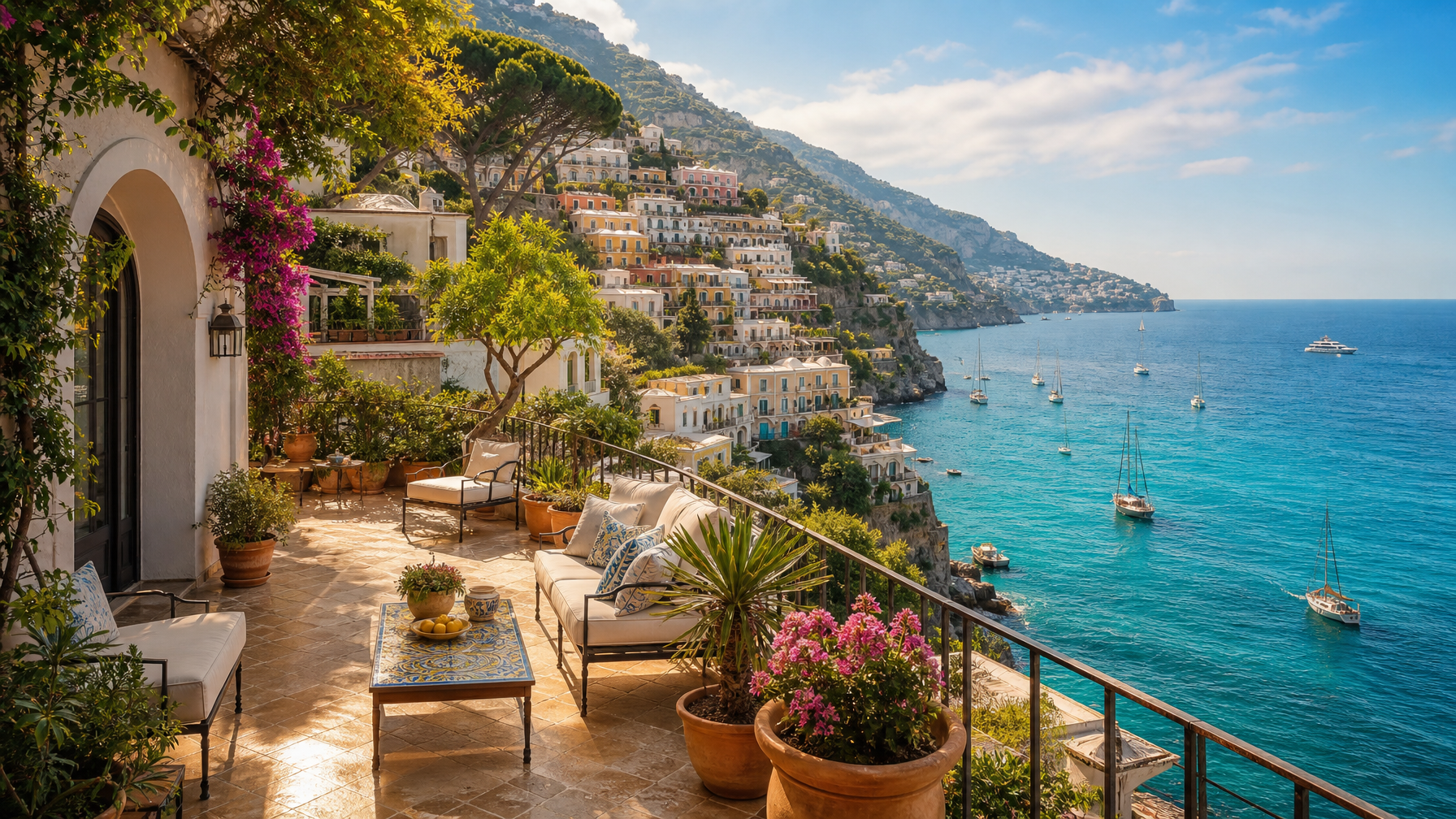 Positano villa rental with Amalfi Coast view and sailing boats