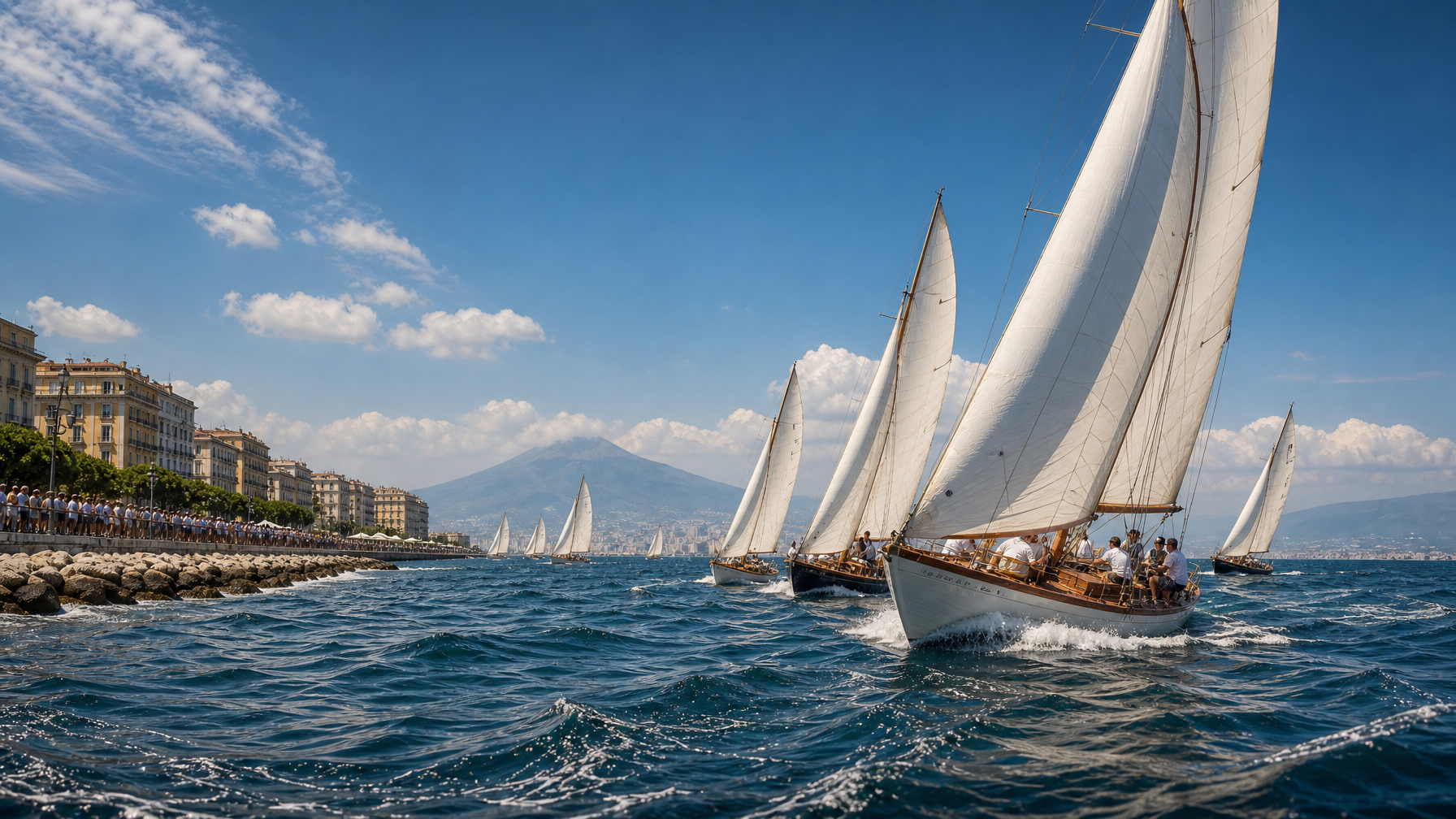 Sailing yacht racing in the Gulf of Naples with spectators on the waterfront