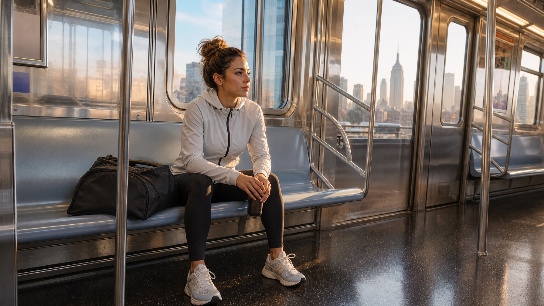 Female runner with gear bag traveling on an NYC subway car on race morning