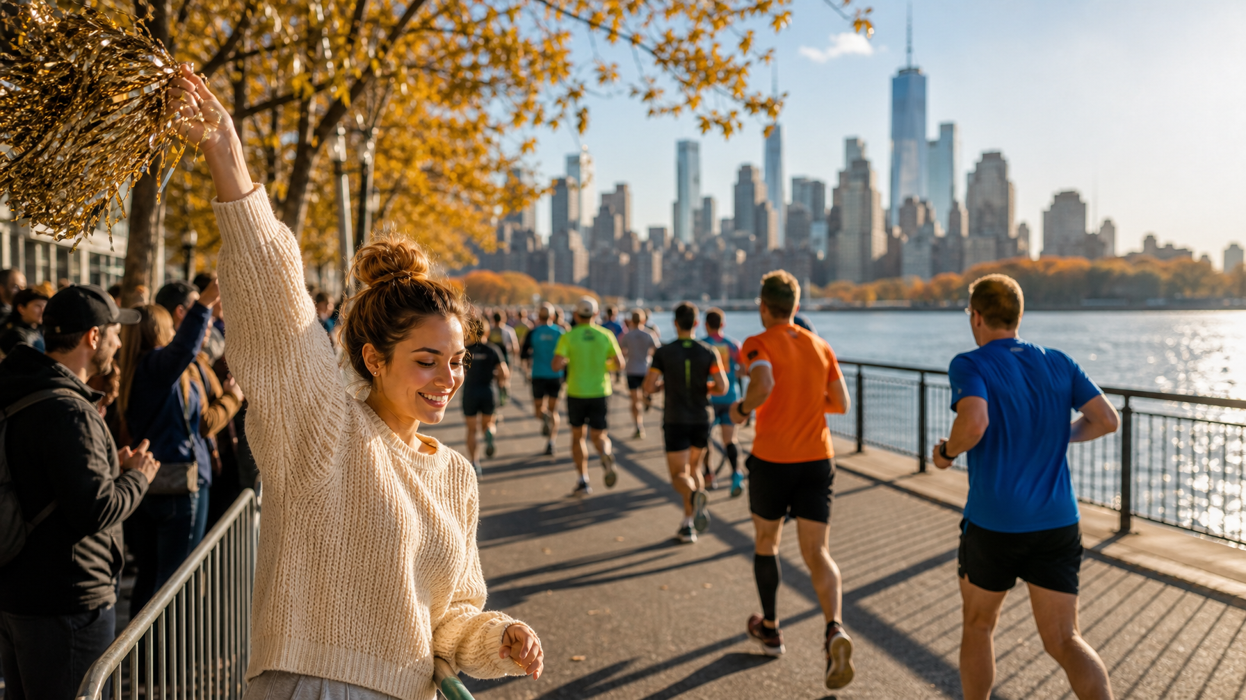 Female spectator cheering on marathon runners near the Brooklyn promenade