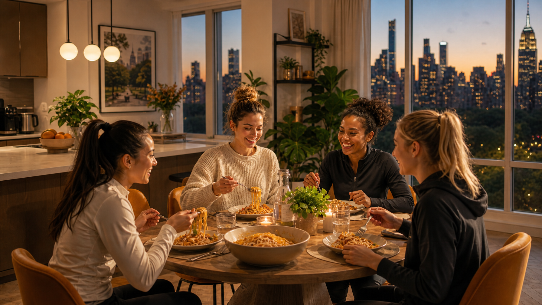 Female host hosting a pre-race pasta dinner in a bright NYC vacation rental dining room