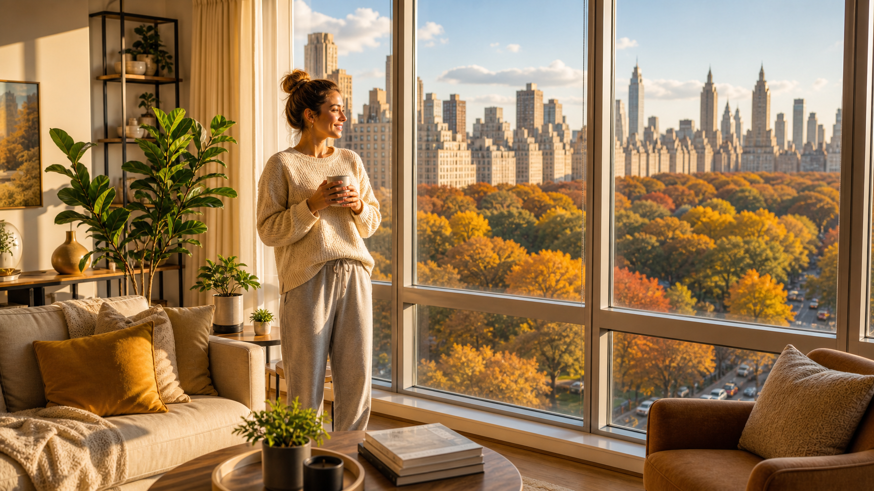 Female host enjoying Central Park autumn views from an Upper West Side vacation rental window