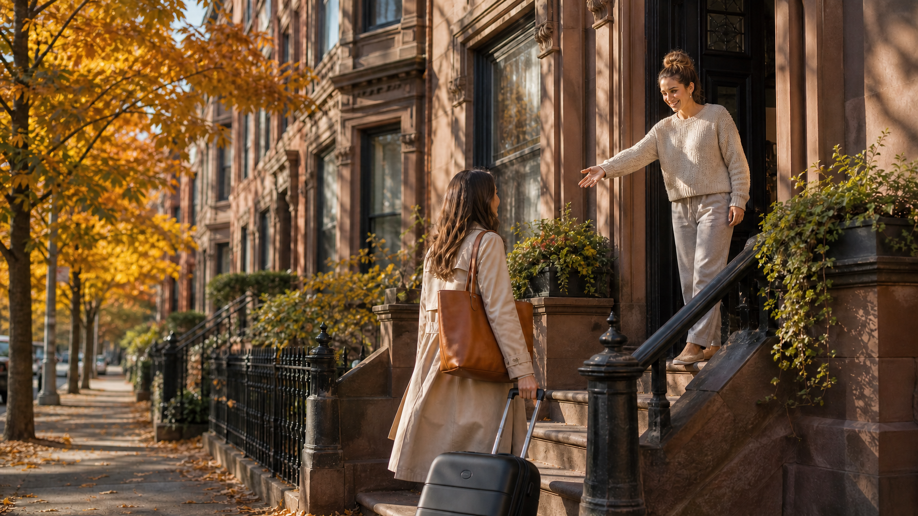 Female host outside a historic Brooklyn Heights vacation rental brownstone in autumn