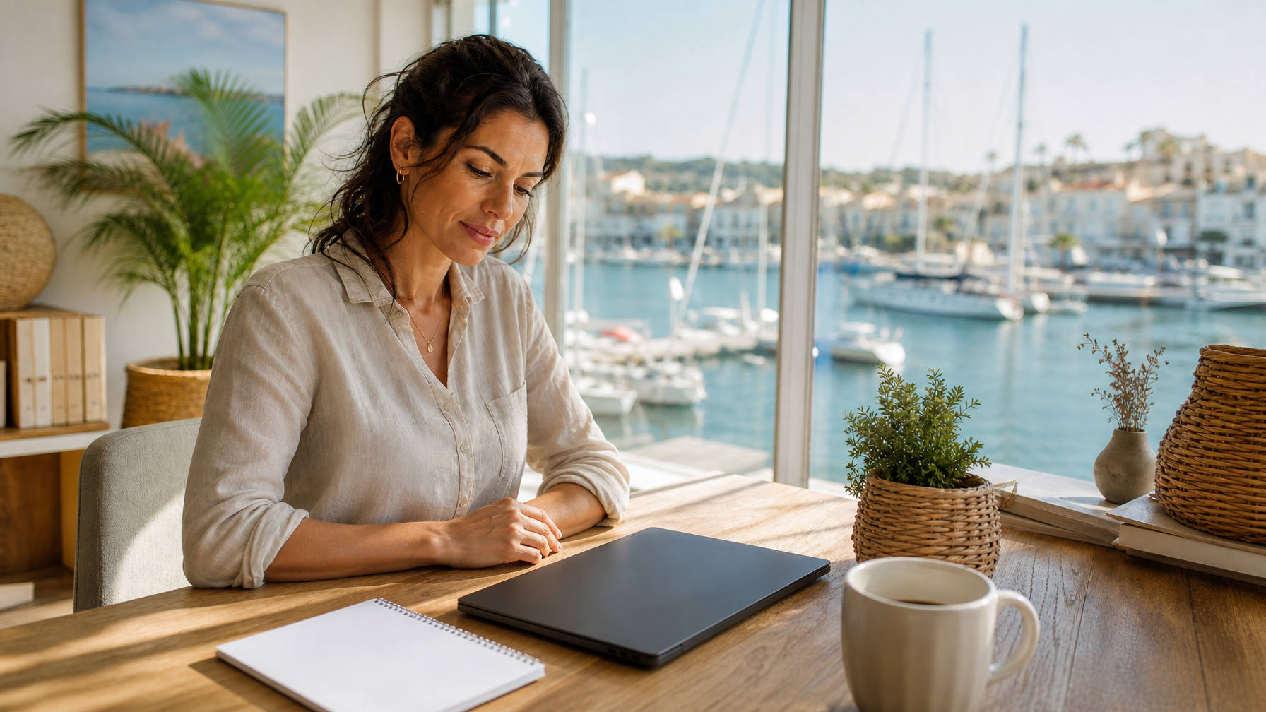 Female host at a bright home office desk with laptop closed while planning sailing event rates