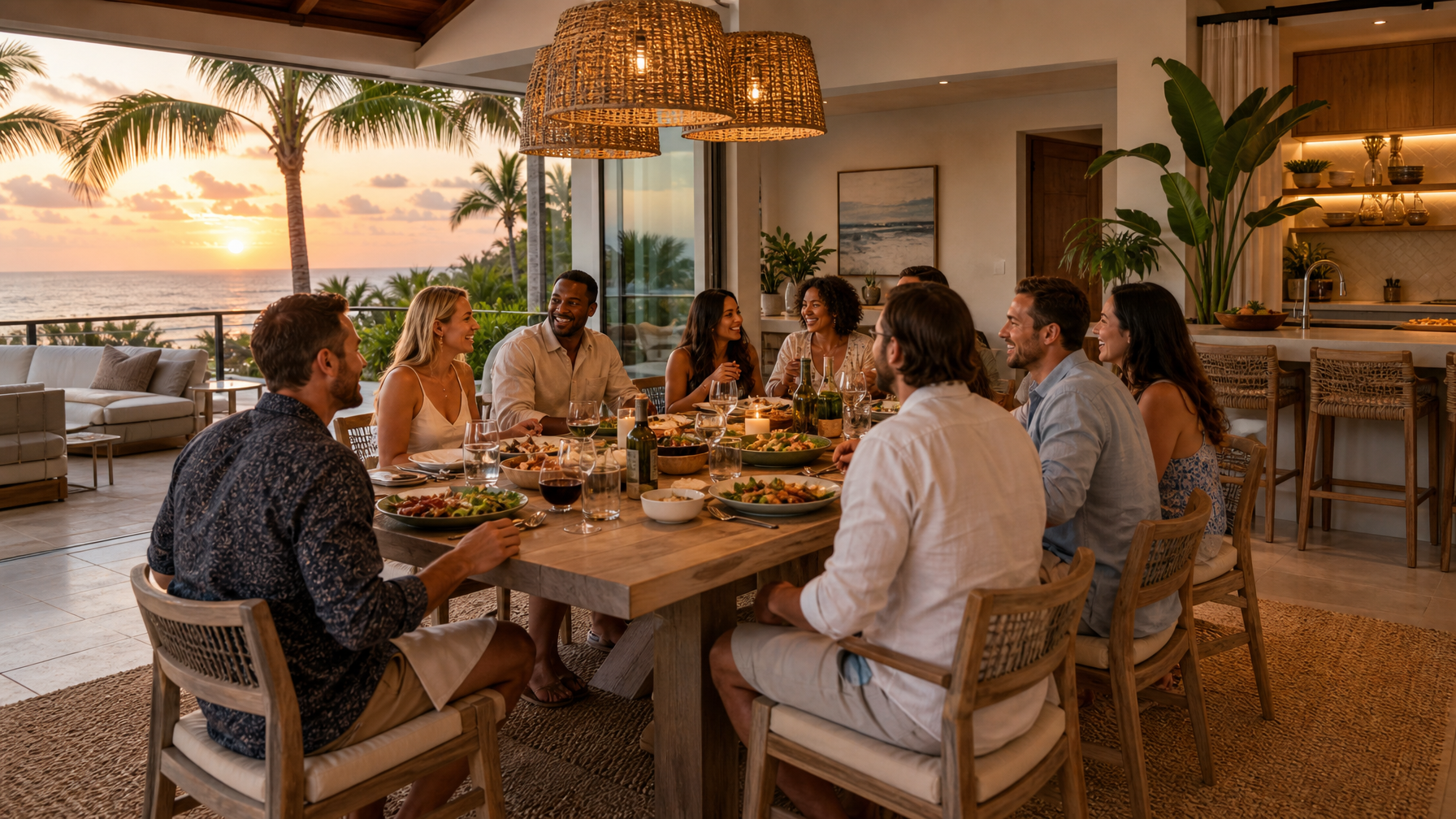 Mixed group of adults sharing dinner around a large table in a bright coastal vacation rental