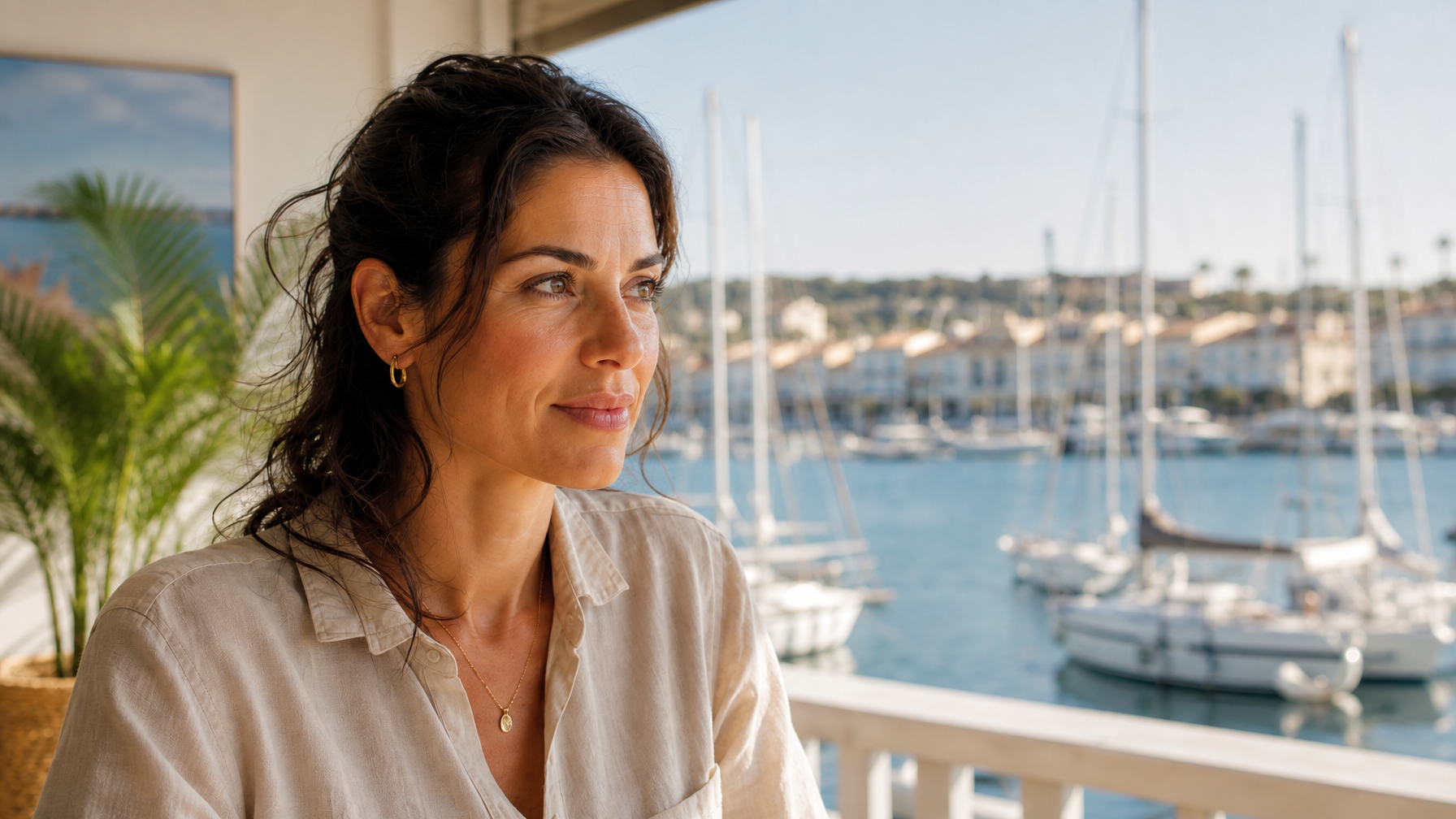 Female vacation rental host on a sunny balcony overlooking a quiet marina after peak race week