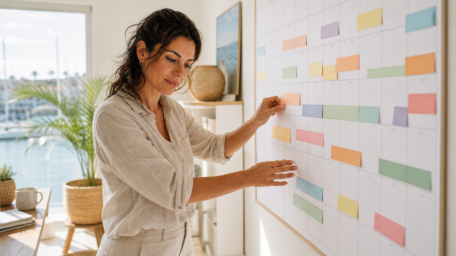 Female host planning multi-week minimum stays on a wall calendar with colored date blocks