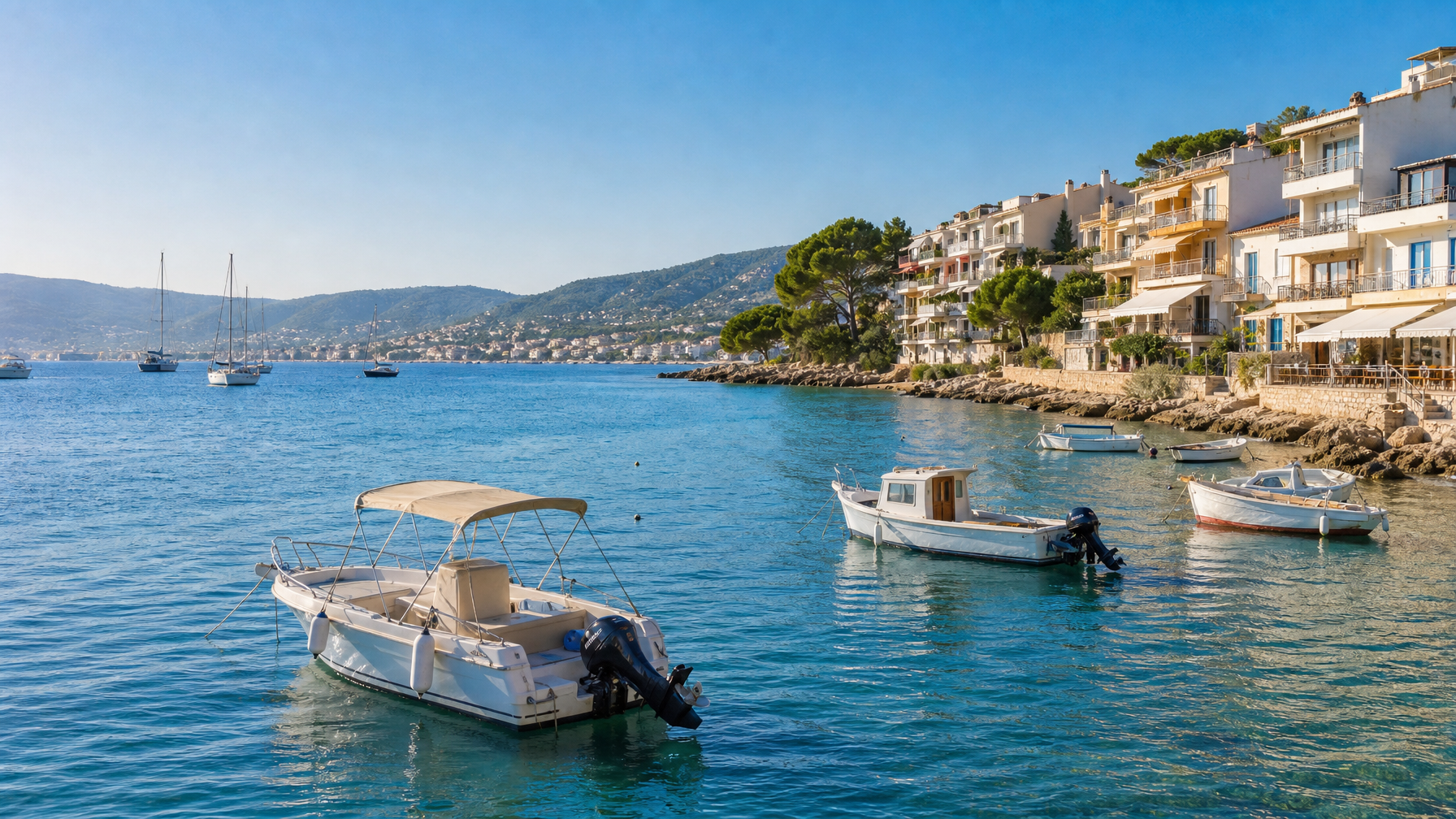 Spectator boats on calm bay water near waterfront vacation rental buildings