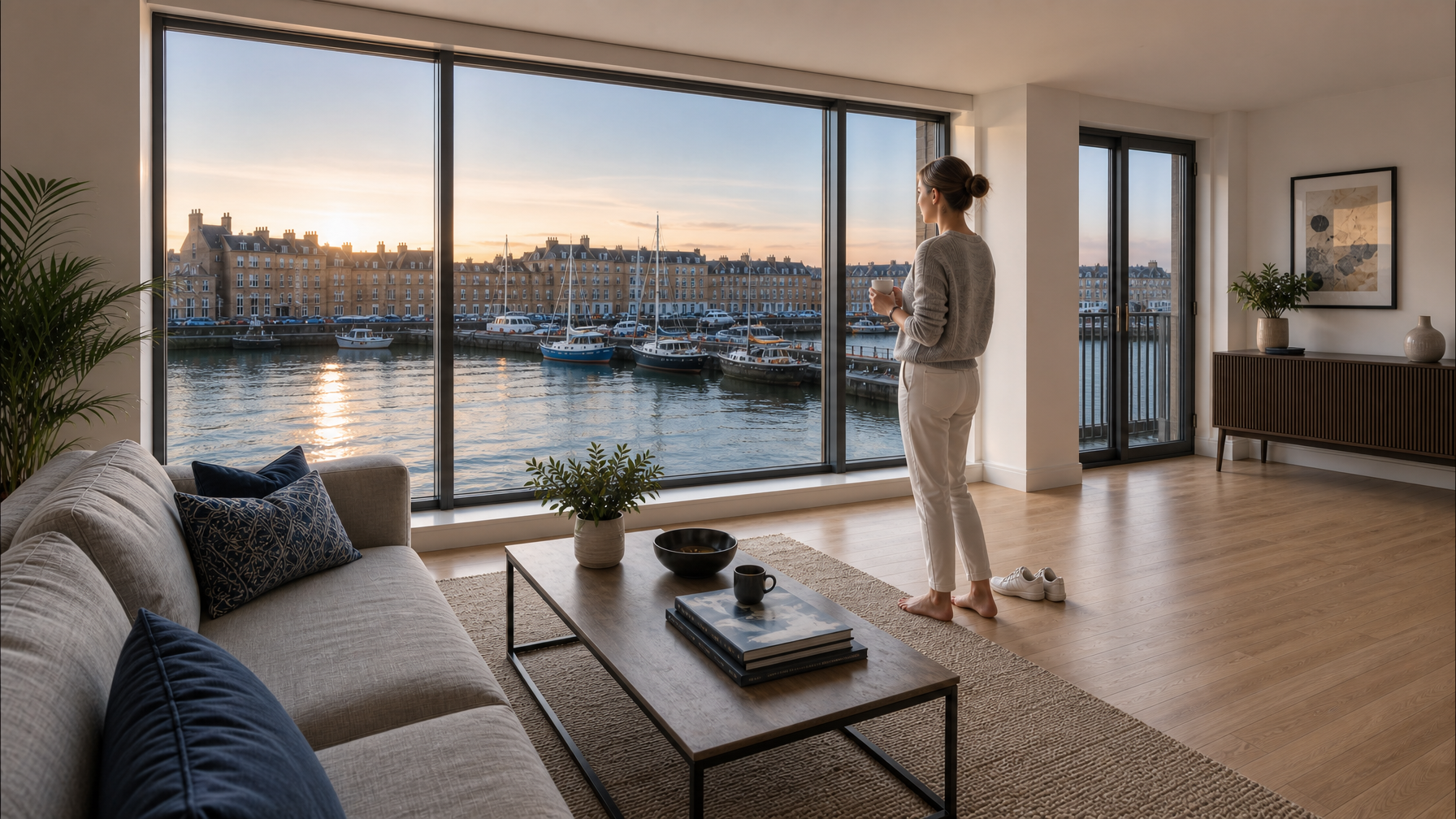 Leith waterfront vacation rental with harbour view and female guest during Edinburgh Fringe season