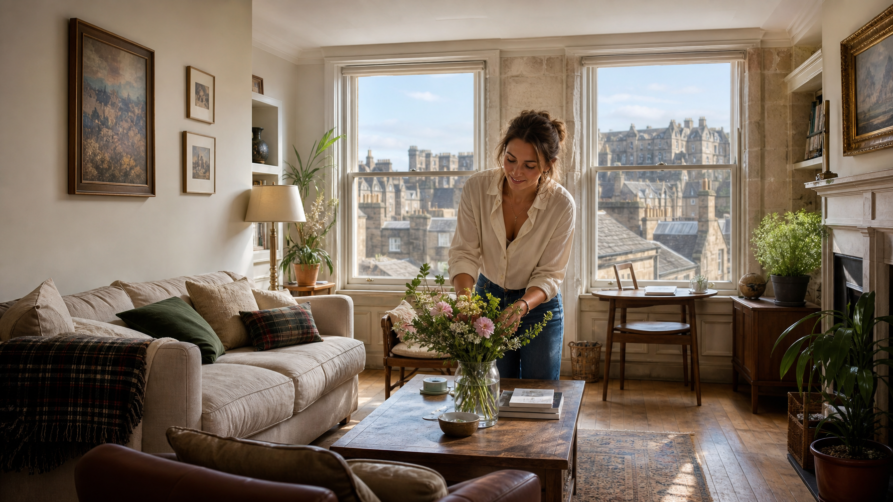 Edinburgh Old Town flat interior with sash windows and female host arranging flowers during Fringe season