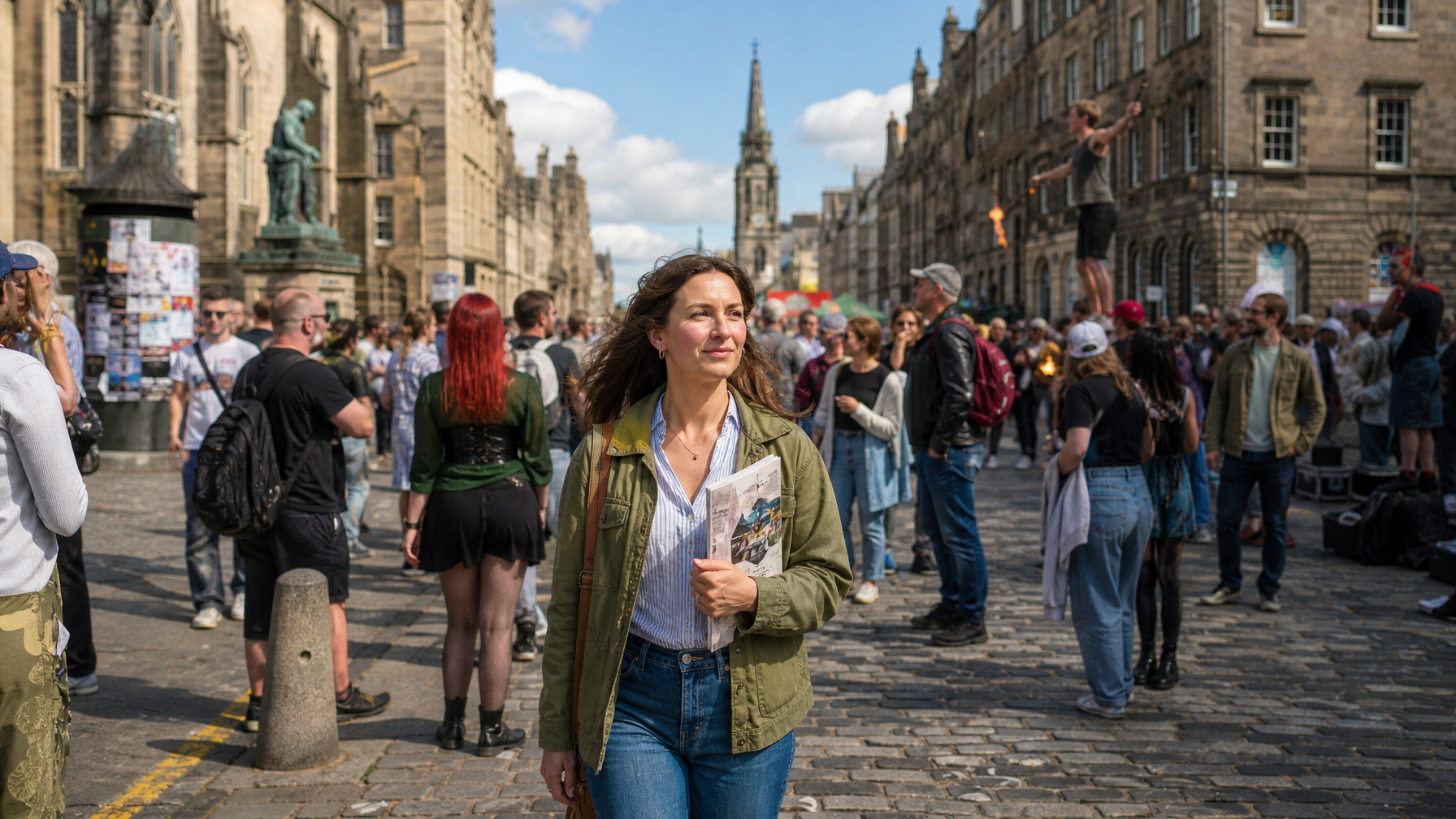 Woman walking the Royal Mile in Edinburgh during summer festival season with street performance energy