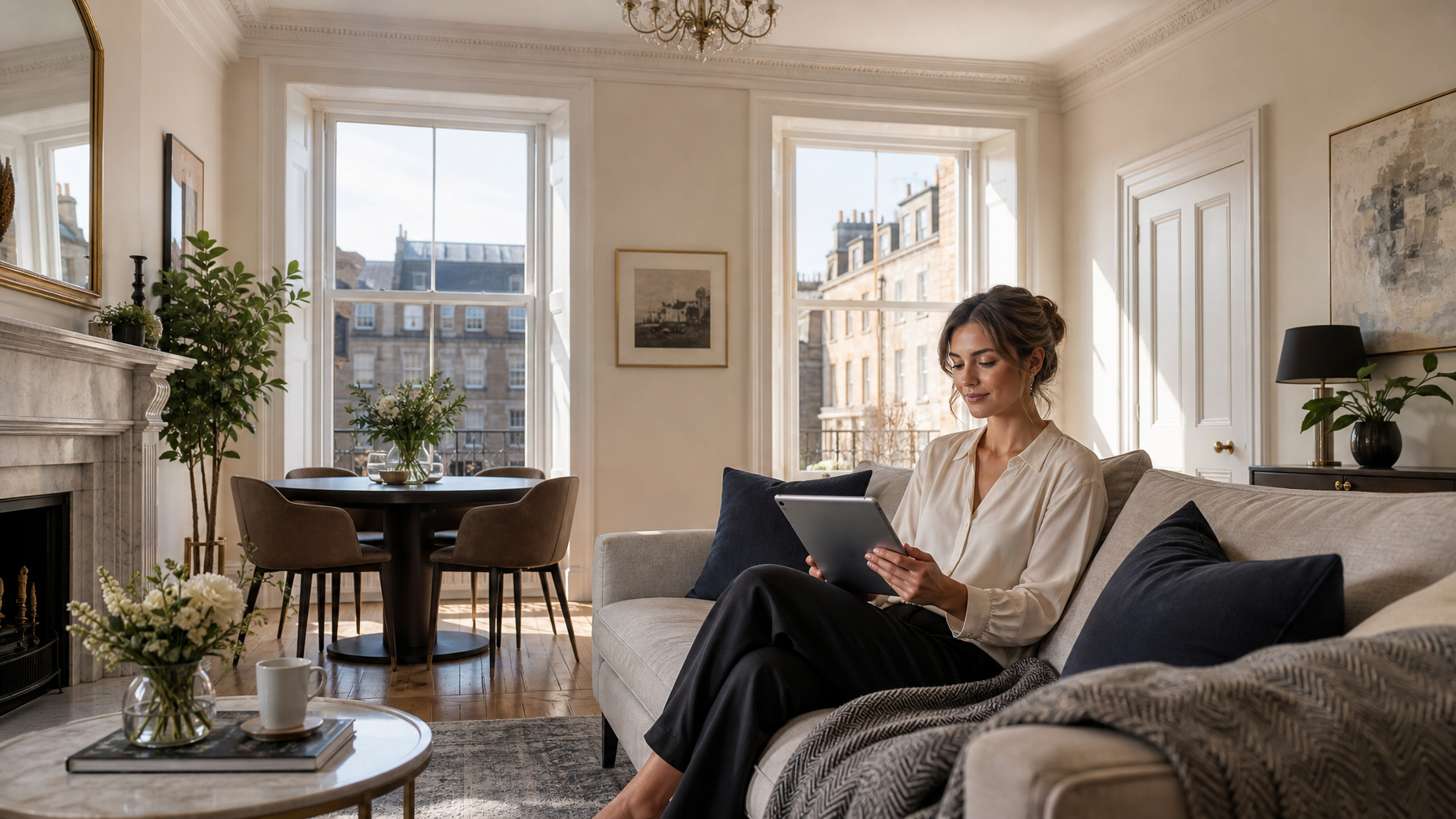 Bright Georgian New Town Edinburgh apartment with female host reviewing bookings on a tablet