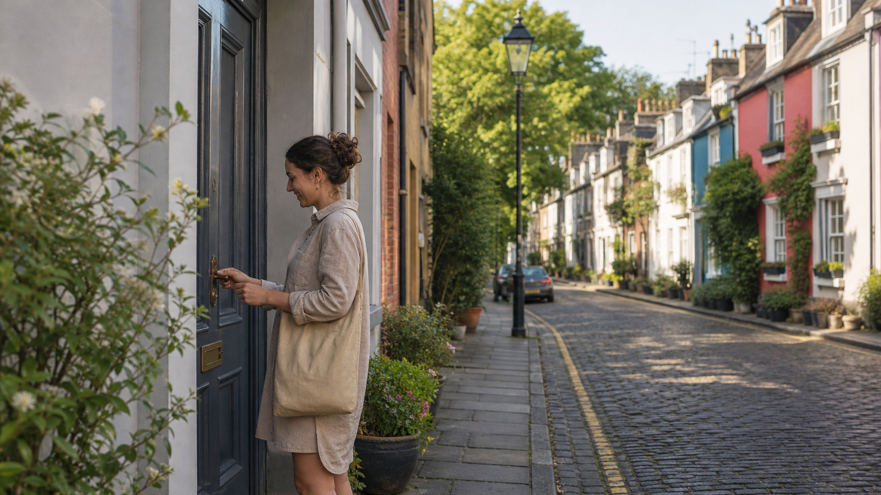 Female host locking a Stockbridge Edinburgh terrace flat on a quiet summer residential street