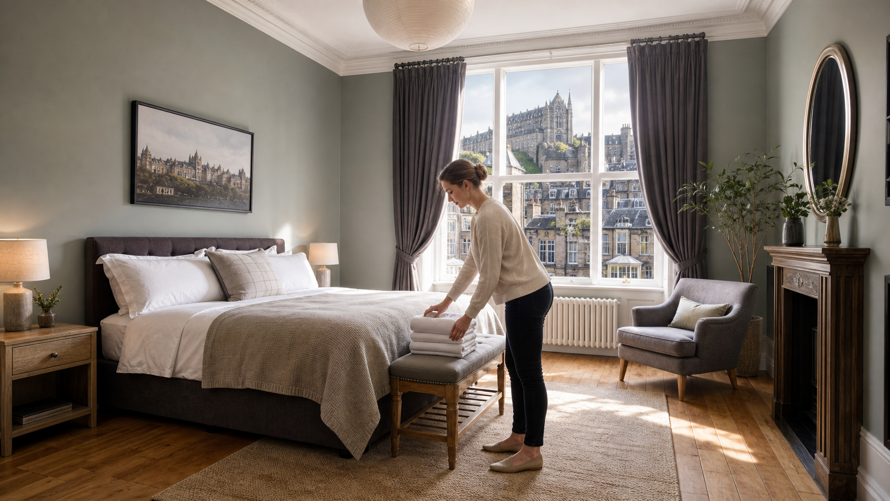 Female vacation rental host placing fresh towels in an Edinburgh bedroom with blackout curtains for Fringe guests
