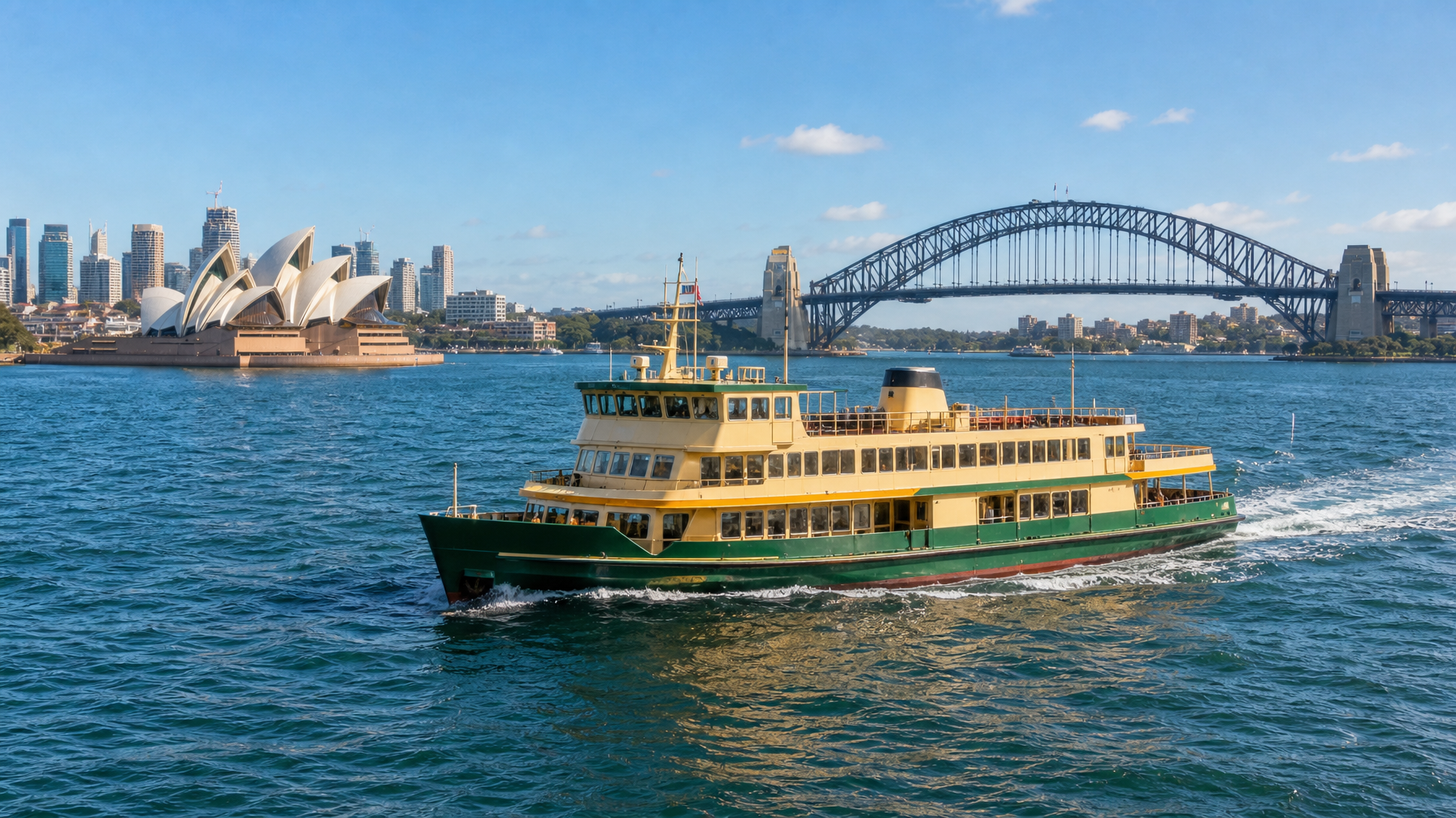 Manly ferry crossing Sydney Harbour toward the Opera House on a clear October morning