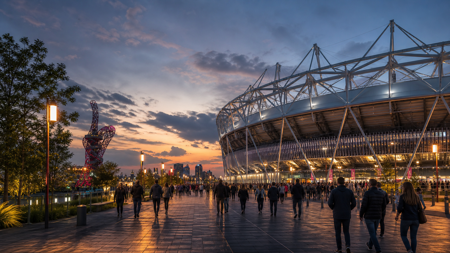 Stadium and Olympic Park precinct lights at dusk with pedestrians on the plaza after an evening event