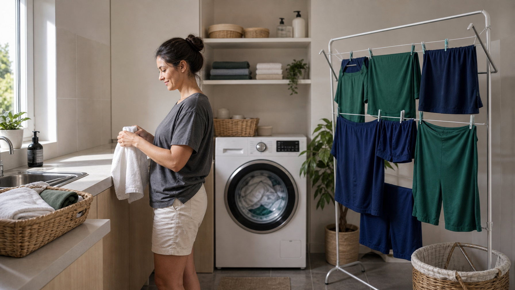 Female guest folding laundry in a Sydney apartment with plain training kit drying after a match day