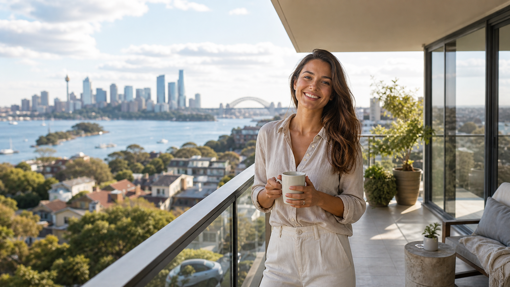 Female vacation rental host on a bright Sydney terrace with harbour-city skyline behind her