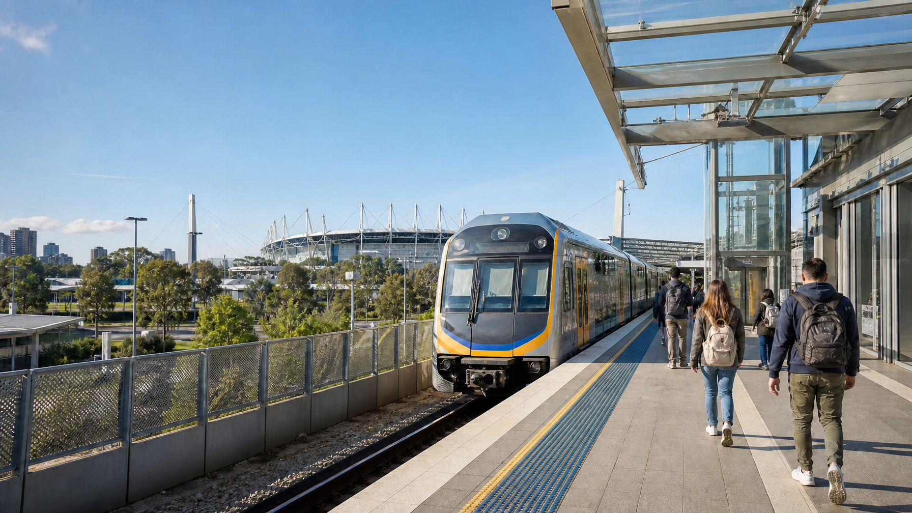 Commuter train arriving at Sydney Olympic Park station near the stadium precinct on a clear spring morning