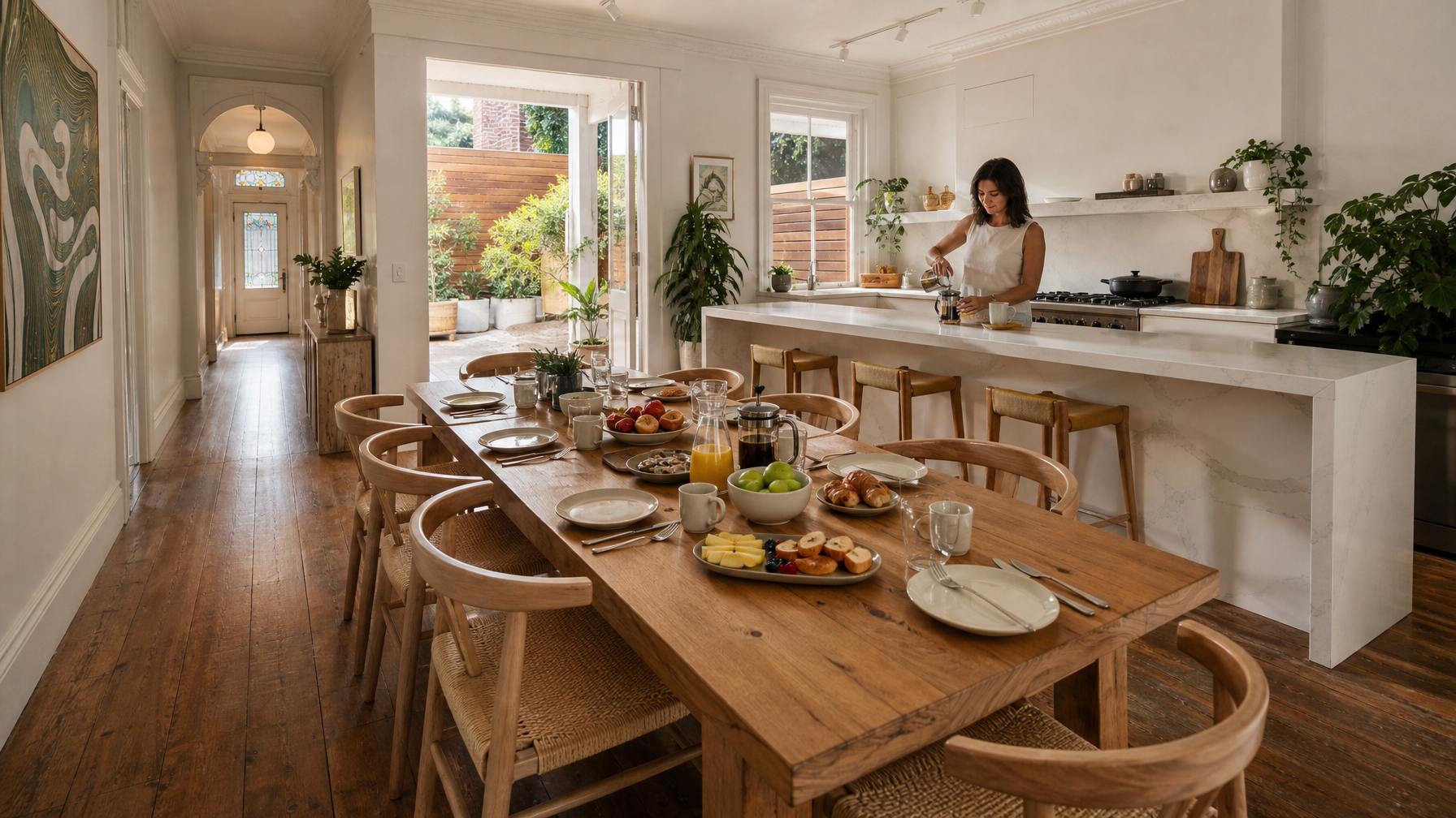 Bright Surry Hills terrace kitchen with long dining table and a female host preparing breakfast before a match day