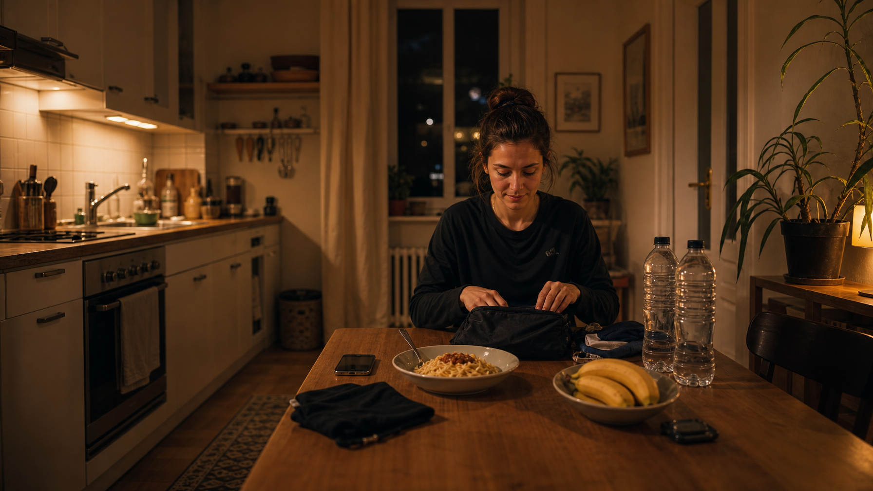 Berlin kitchen table with pasta, bananas, and water bottles the night before a marathon
