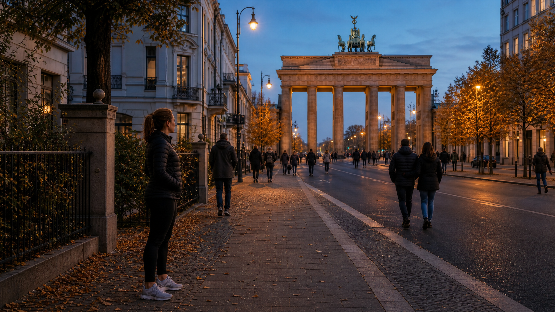 Brandenburg Gate at dusk with pedestrians in autumn jackets after race day