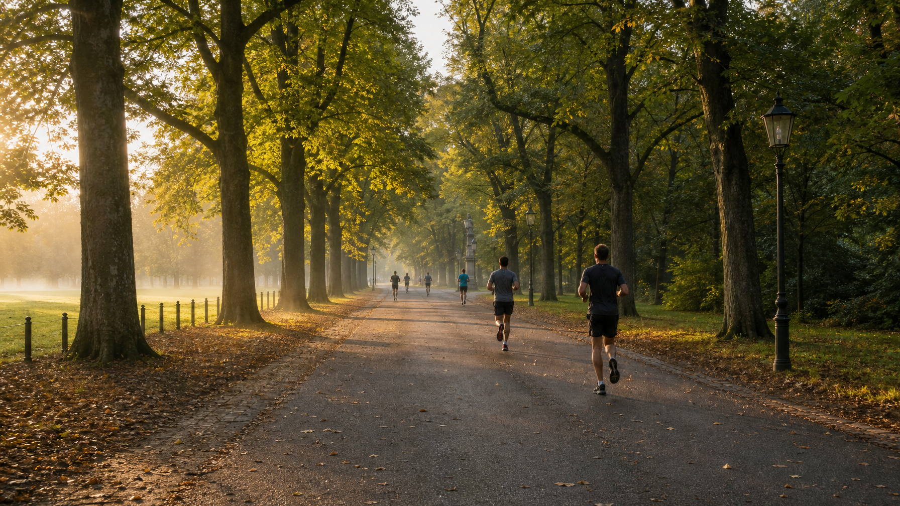 Tree-lined Tiergarten path at first light with joggers on a quiet autumn morning
