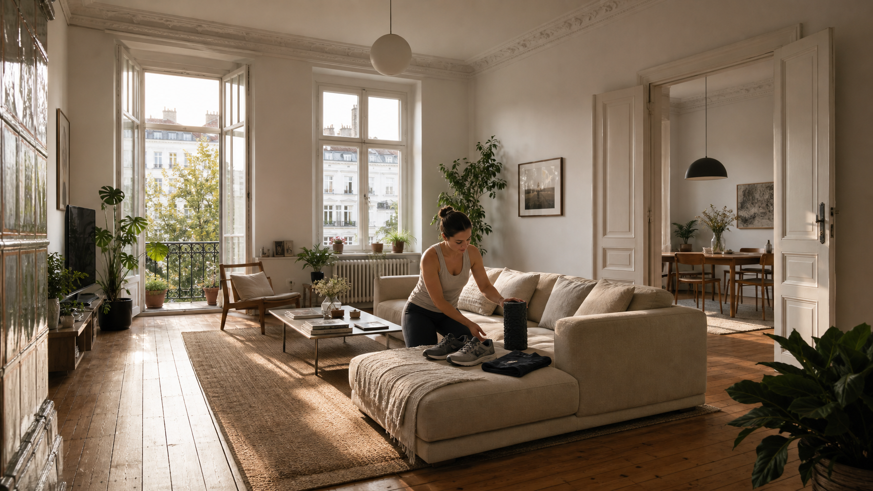 High-ceiling Altbau living room in Prenzlauer Berg with a host laying out race kit on the sofa