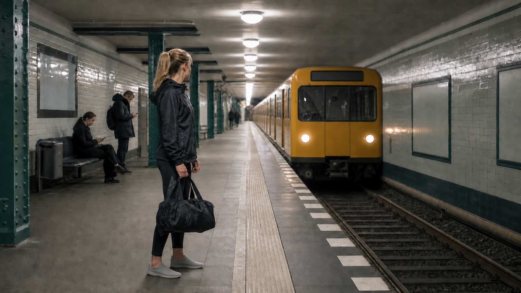 Early morning Berlin U-Bahn platform with a runner carrying a race bag