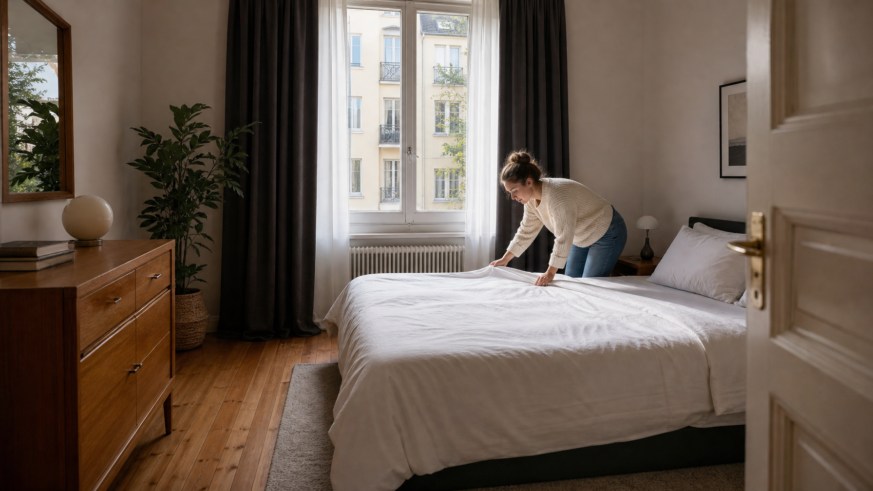 Quiet Charlottenburg bedroom with blackout curtains and a host making the bed before race weekend