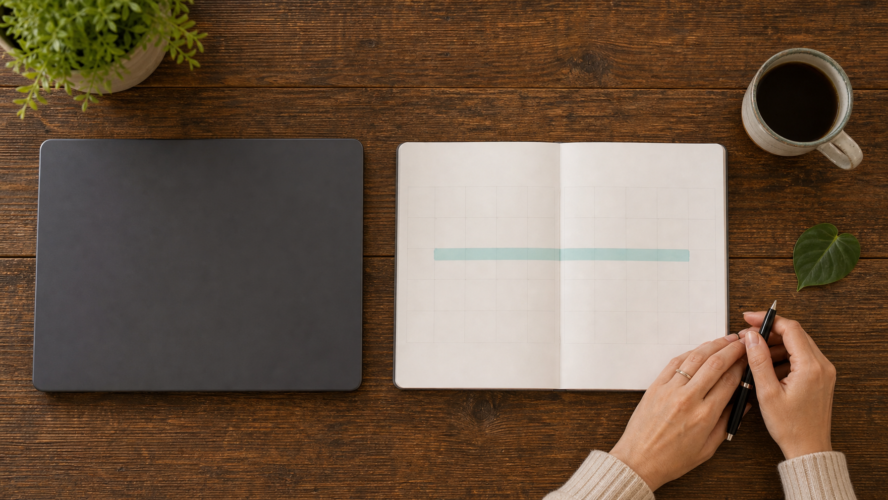 Overhead desk with closed laptop, paper planner marked in teal, coffee, and host hands planning a next-year guest hold