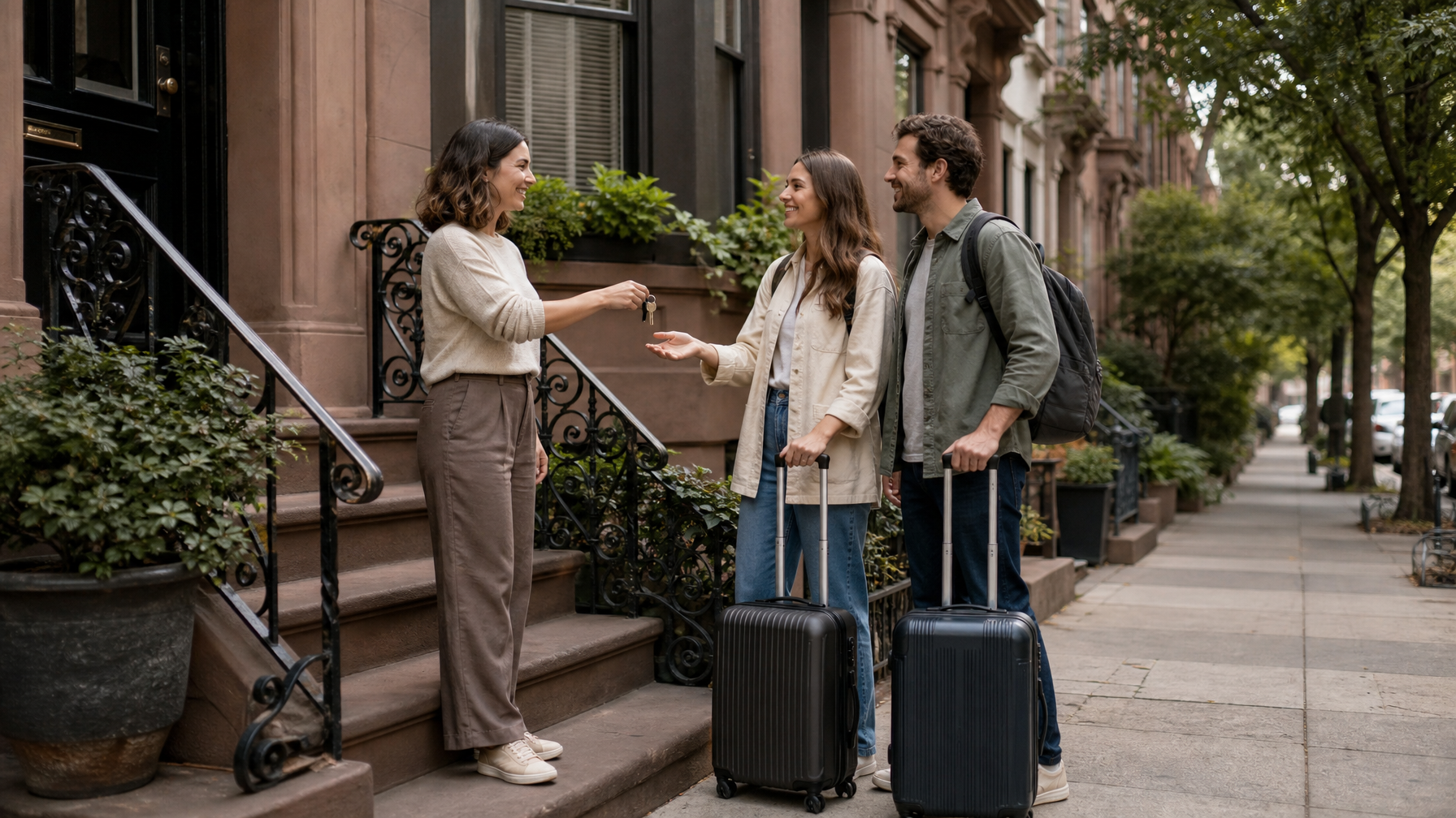 Female host handing keys to a returning couple with roll-aboard bags on a city brownstone stoop