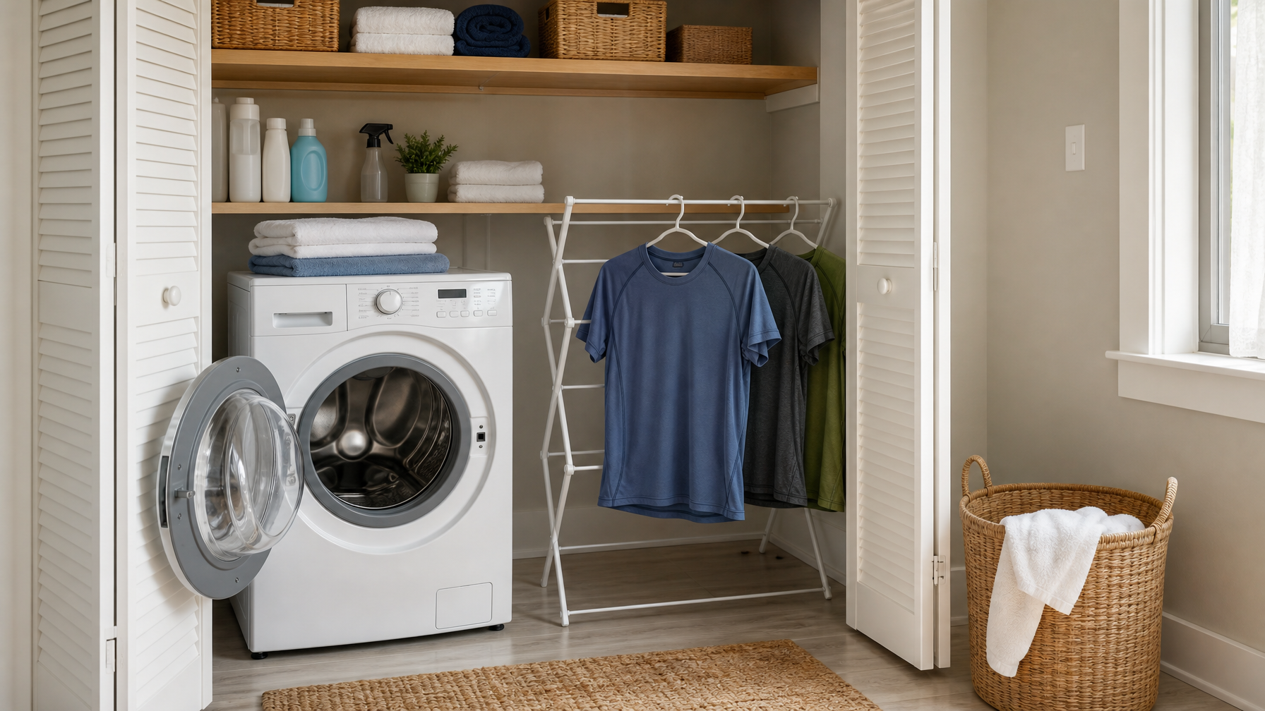 Tidy vacation rental laundry closet with washer and plain technical shirts drying for race weekend guests