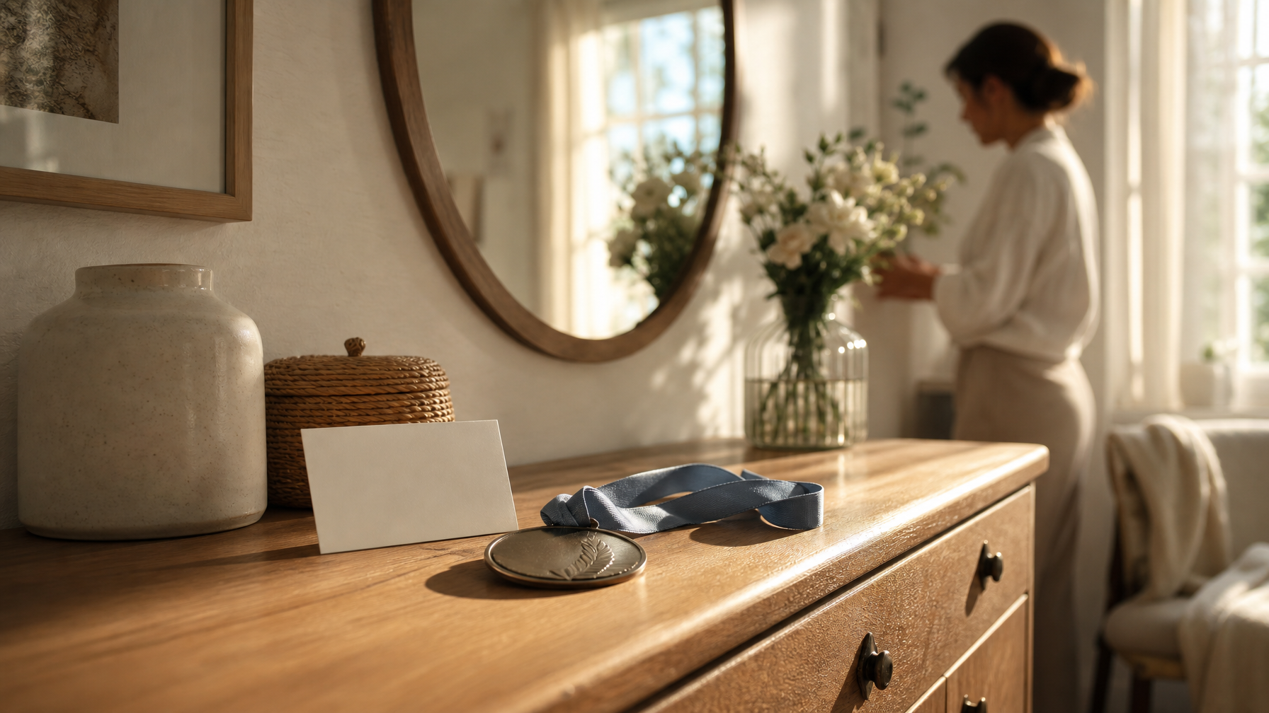 Soft window light on a blank host notecard beside a generic finisher medal on a dresser
