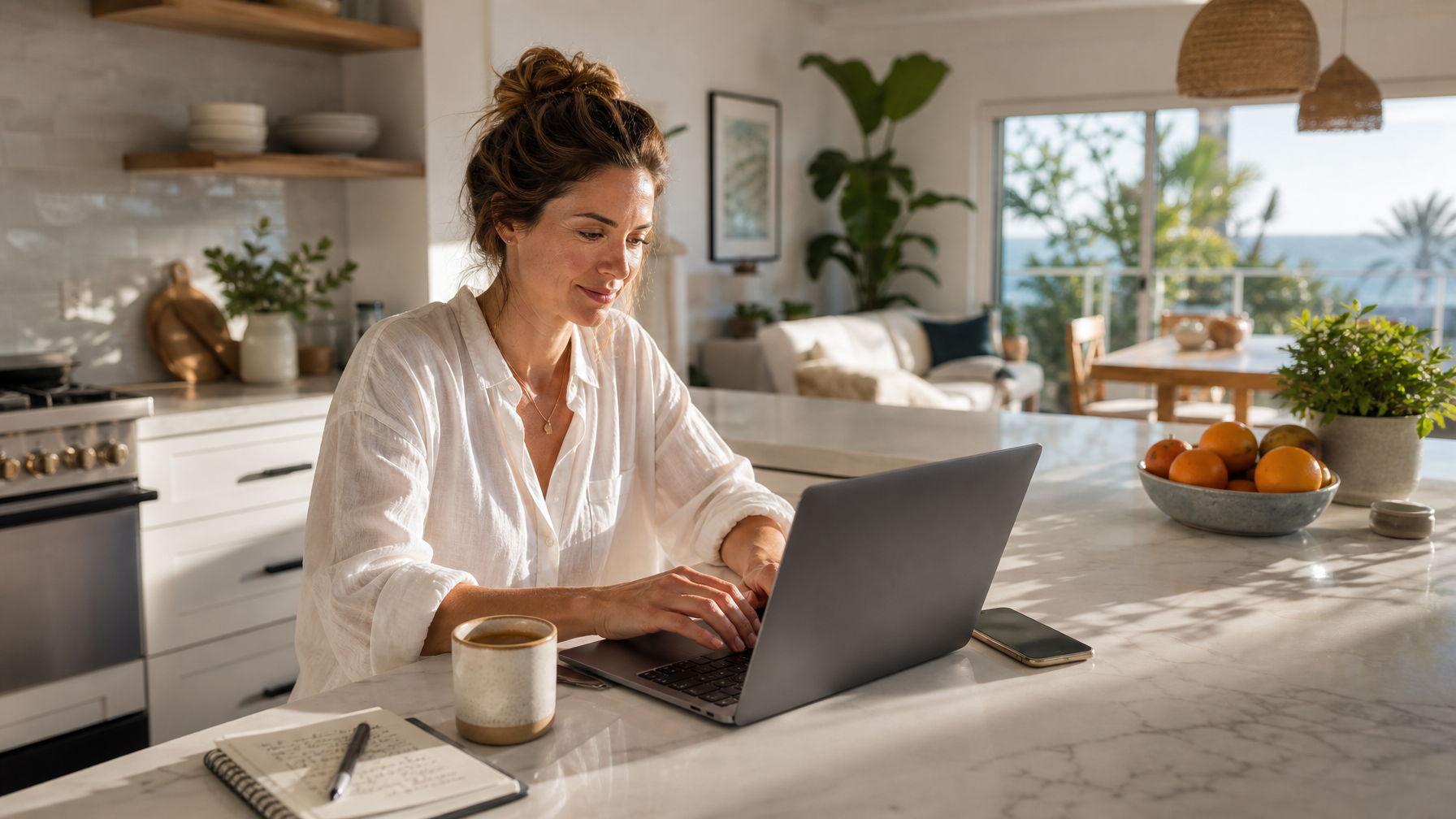 Female host at a kitchen island typing a guest follow-up email on a laptop in morning light