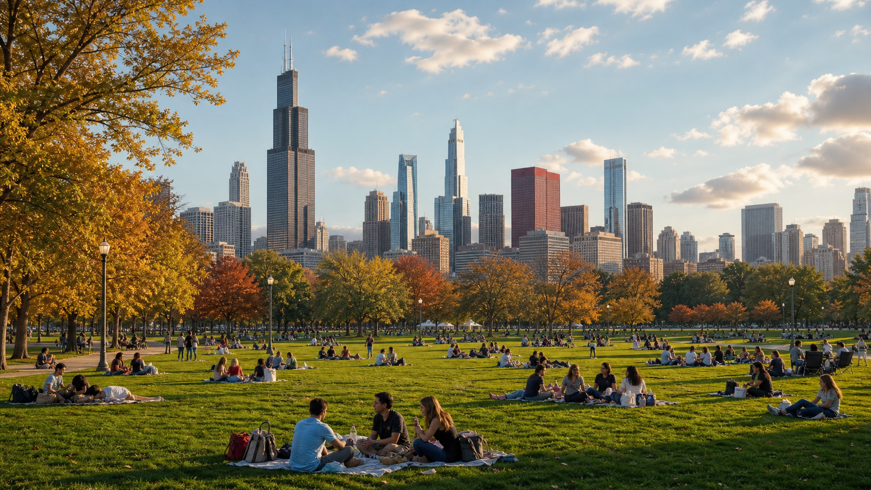 Grant Park lawn and Chicago skyline in early October afternoon with people relaxing on blankets