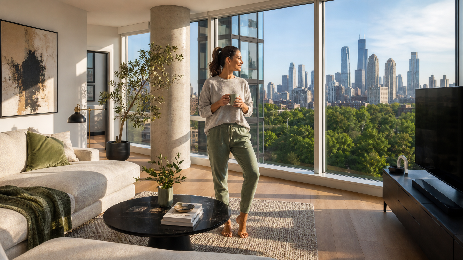 Female traveler in a bright South Loop apartment living room with Chicago skyline and park trees beyond floor-to-ceiling windows