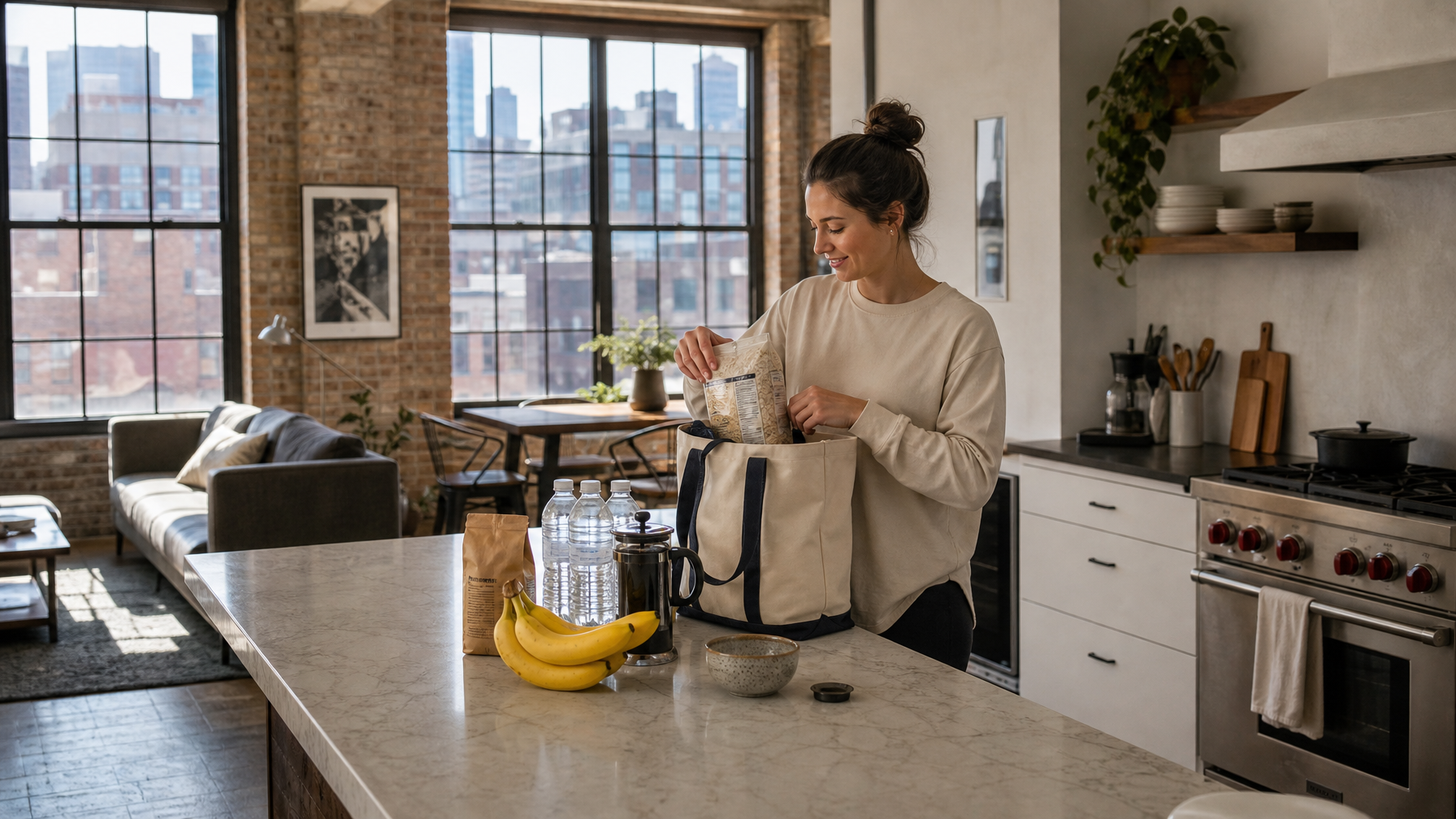Woman unpacking oatmeal, bananas, coffee, and water in a bright West Loop loft kitchen before race weekend