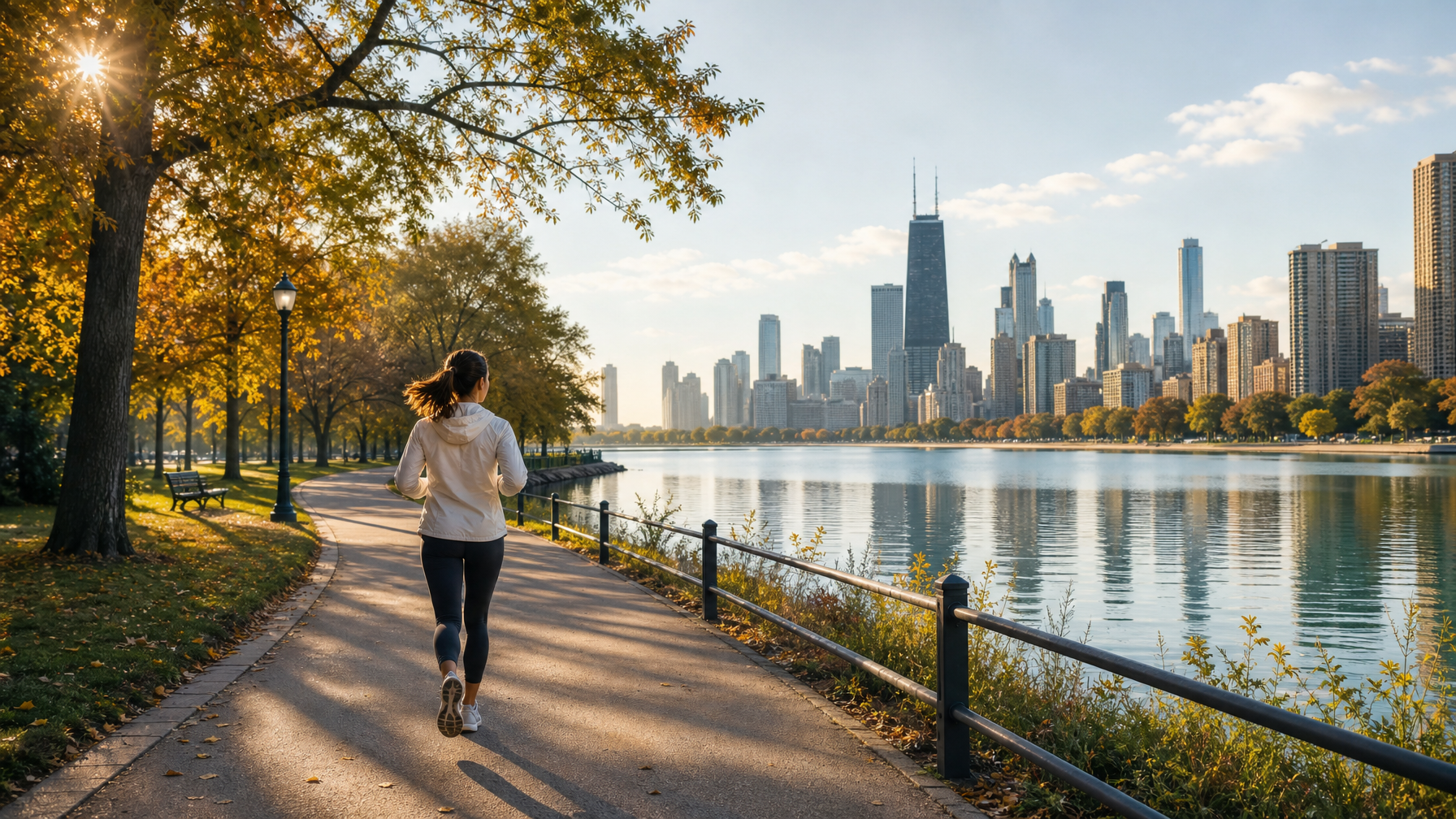 Woman runner on a Lincoln Park path beside the lagoon with autumn trees and soft morning light