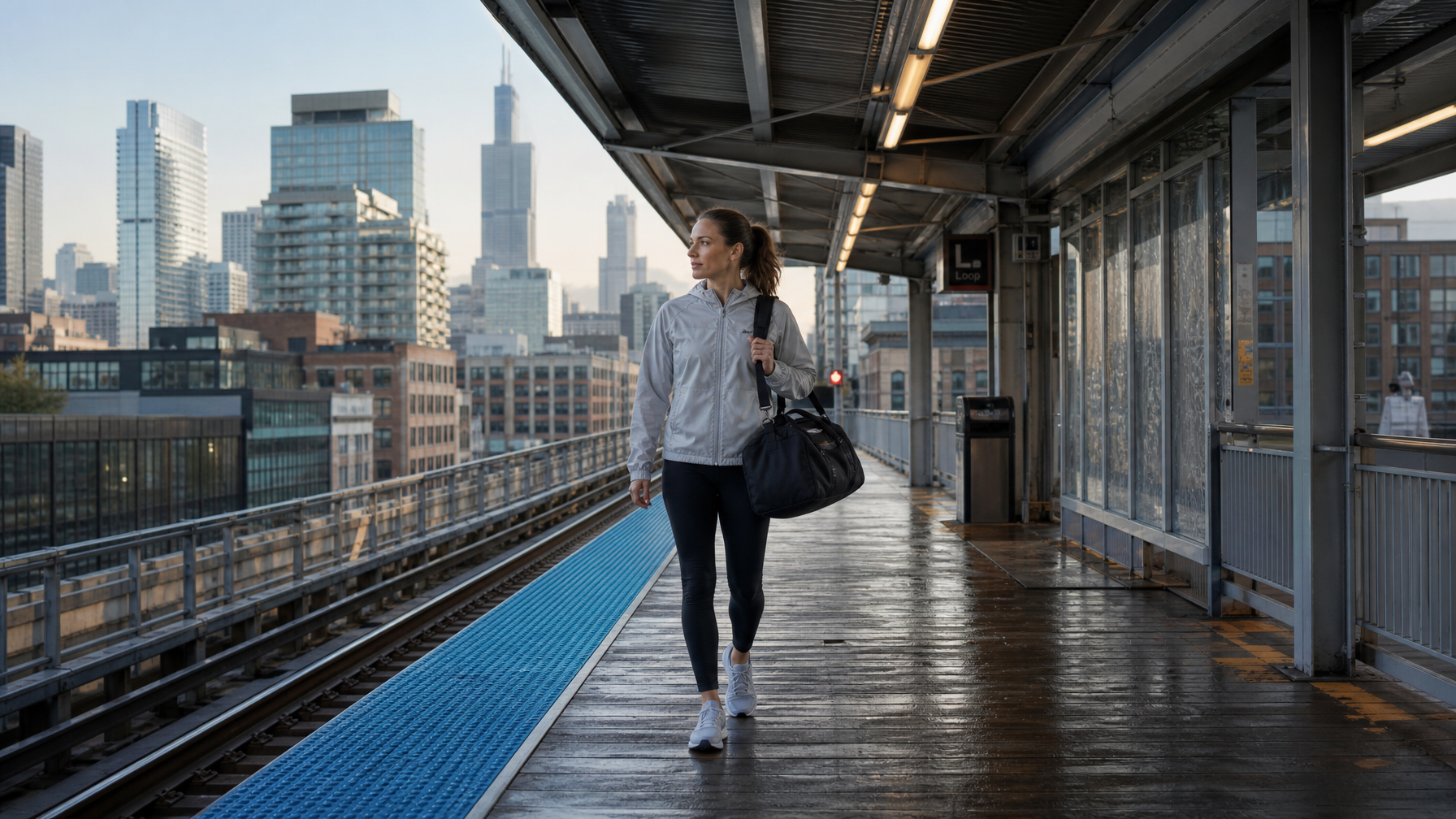 Woman runner with a plain race bag on a quiet elevated Chicago L platform in early October morning light