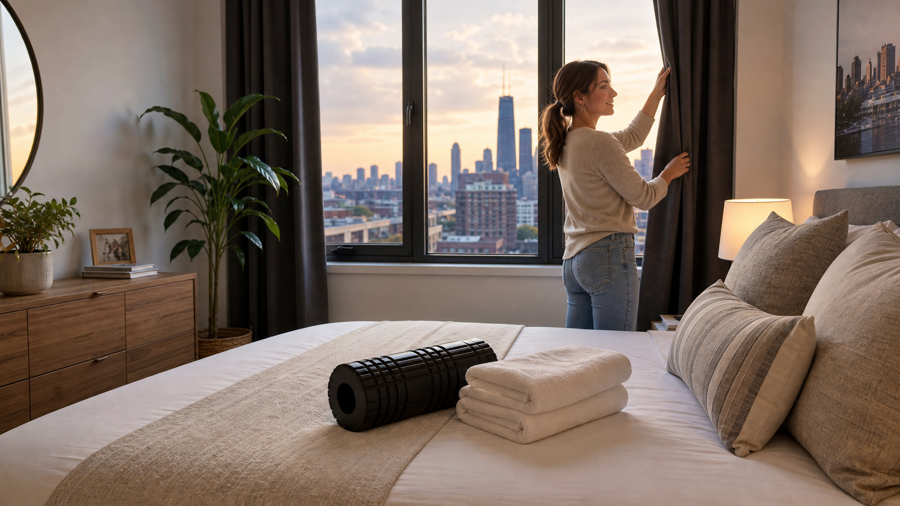 Female host preparing blackout curtains, towels, and a foam roller in a bright Chicago apartment bedroom