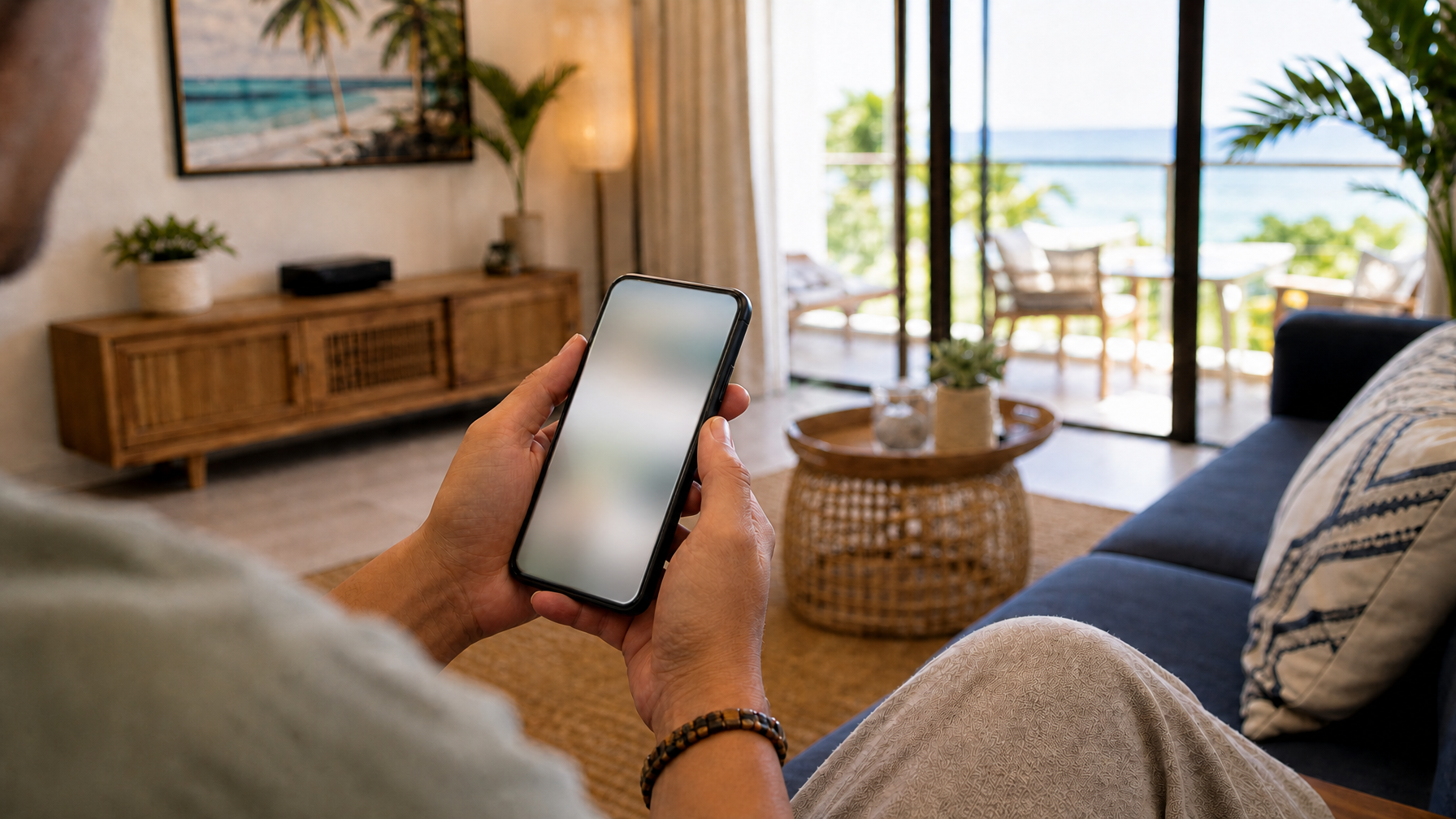 Host holding a smartphone with a blurred calendar screen in a bright vacation rental living room