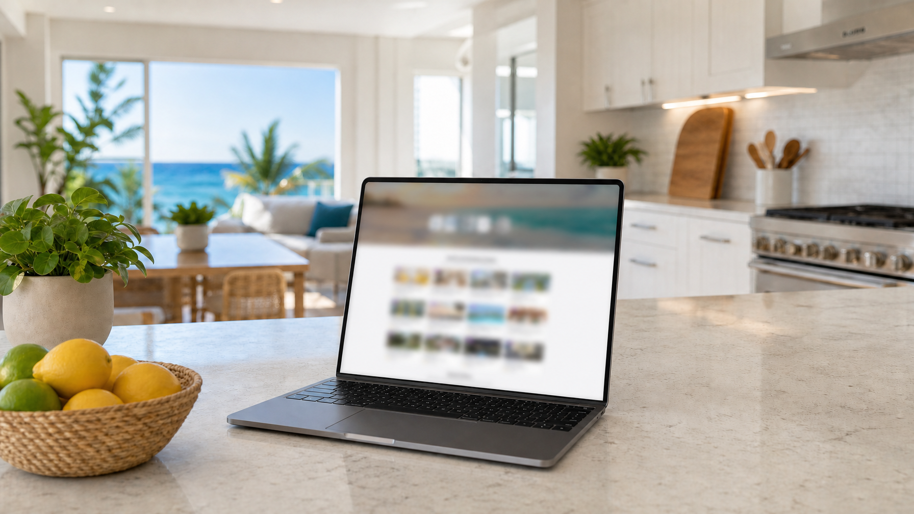 Laptop on a bright vacation rental kitchen island showing a soft-blurred booking website