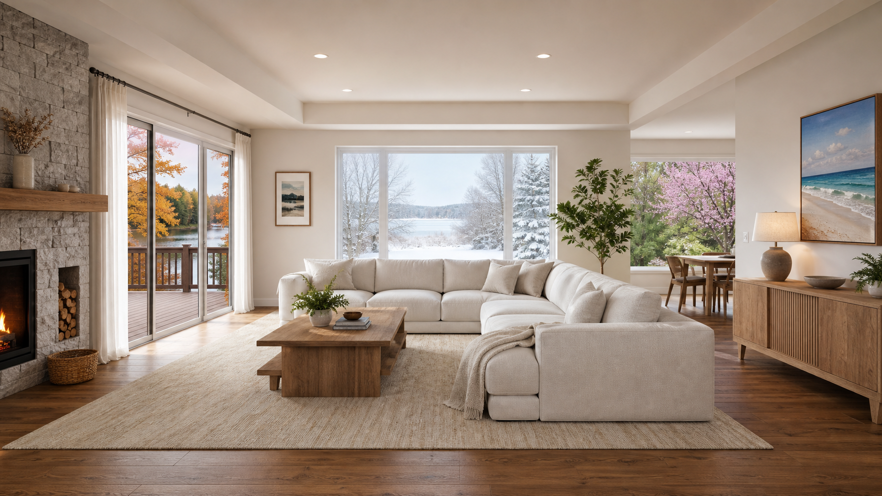 Same stylish vacation rental living room framed through multiple seasonal window views