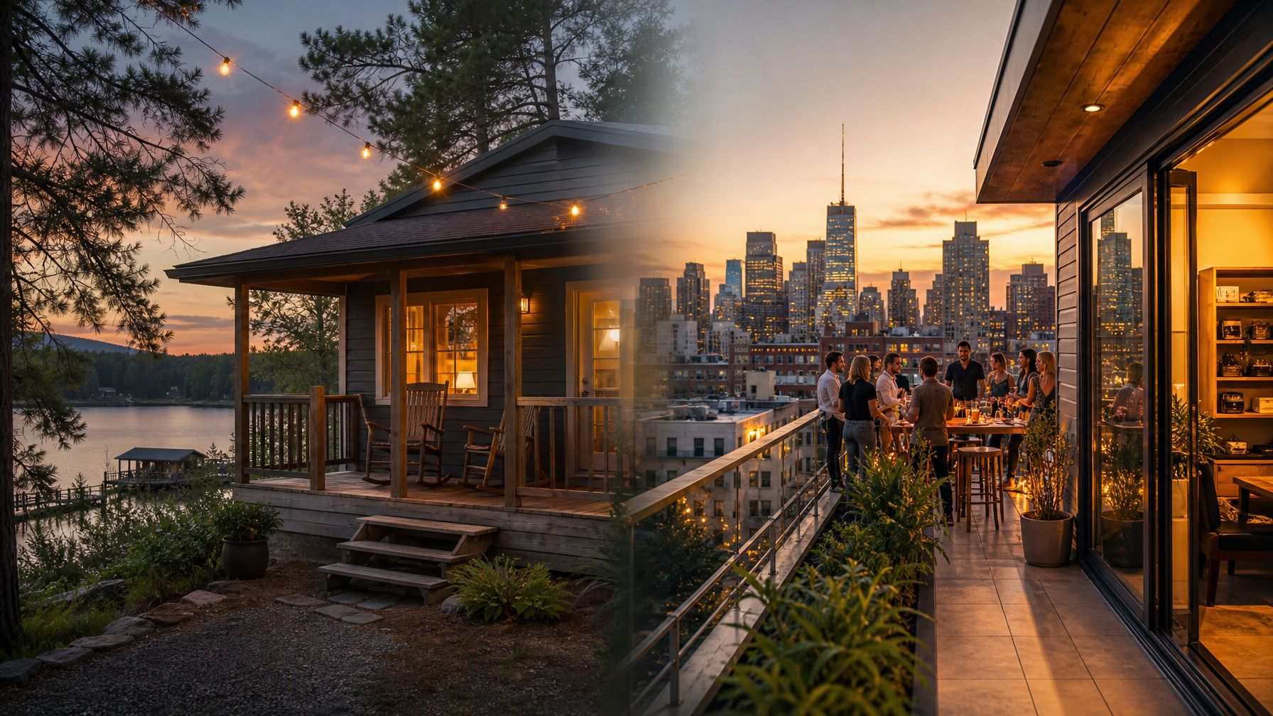 Split scene of a quiet cabin porch and a busy city loft balcony at golden hour